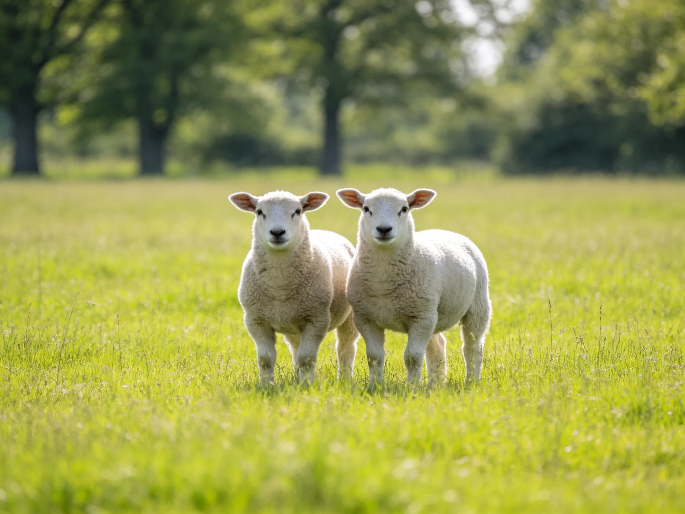Two white lambs standing in a lush green meadow