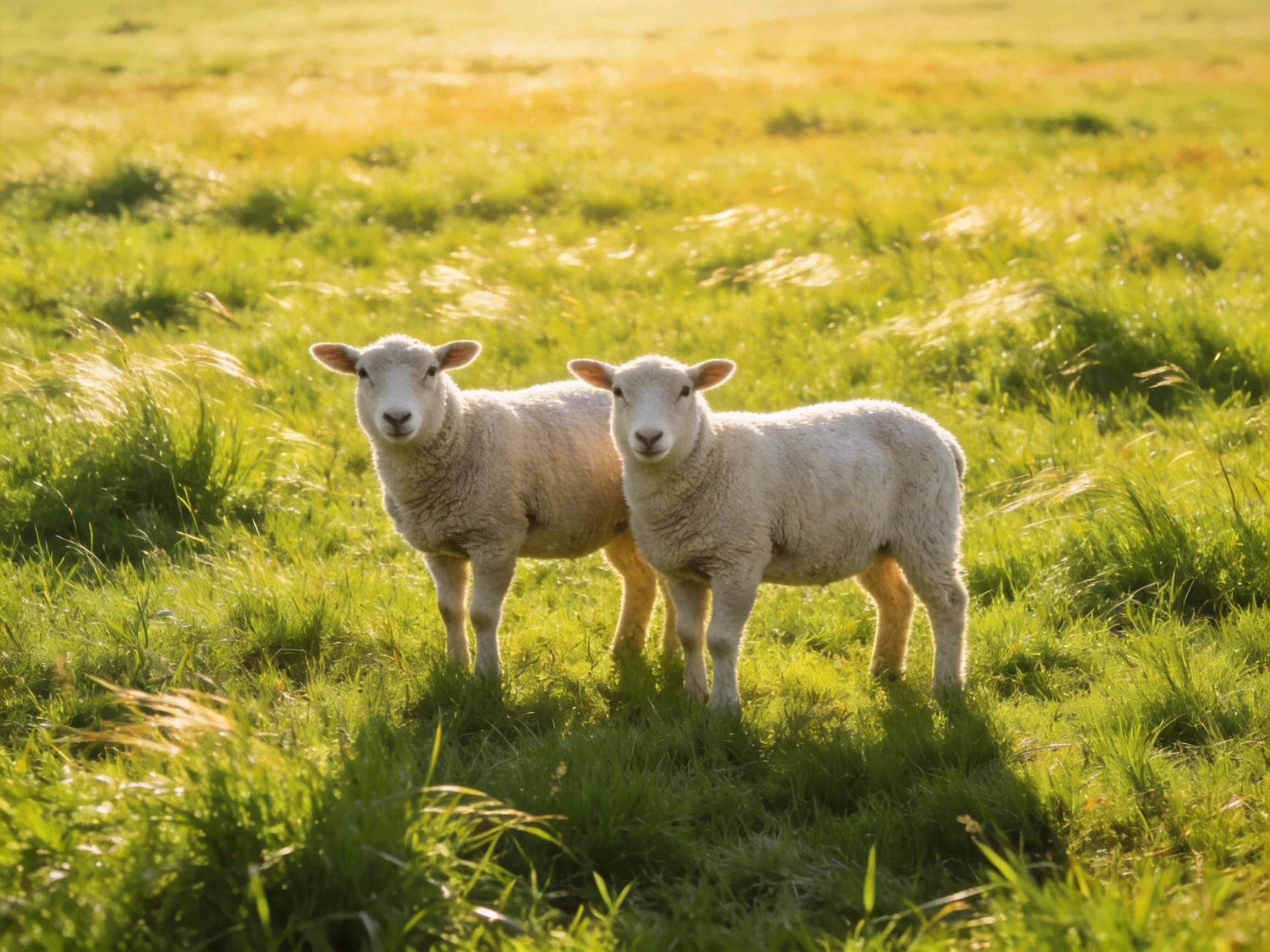 Two white lambs standing in a sunlit green meadow