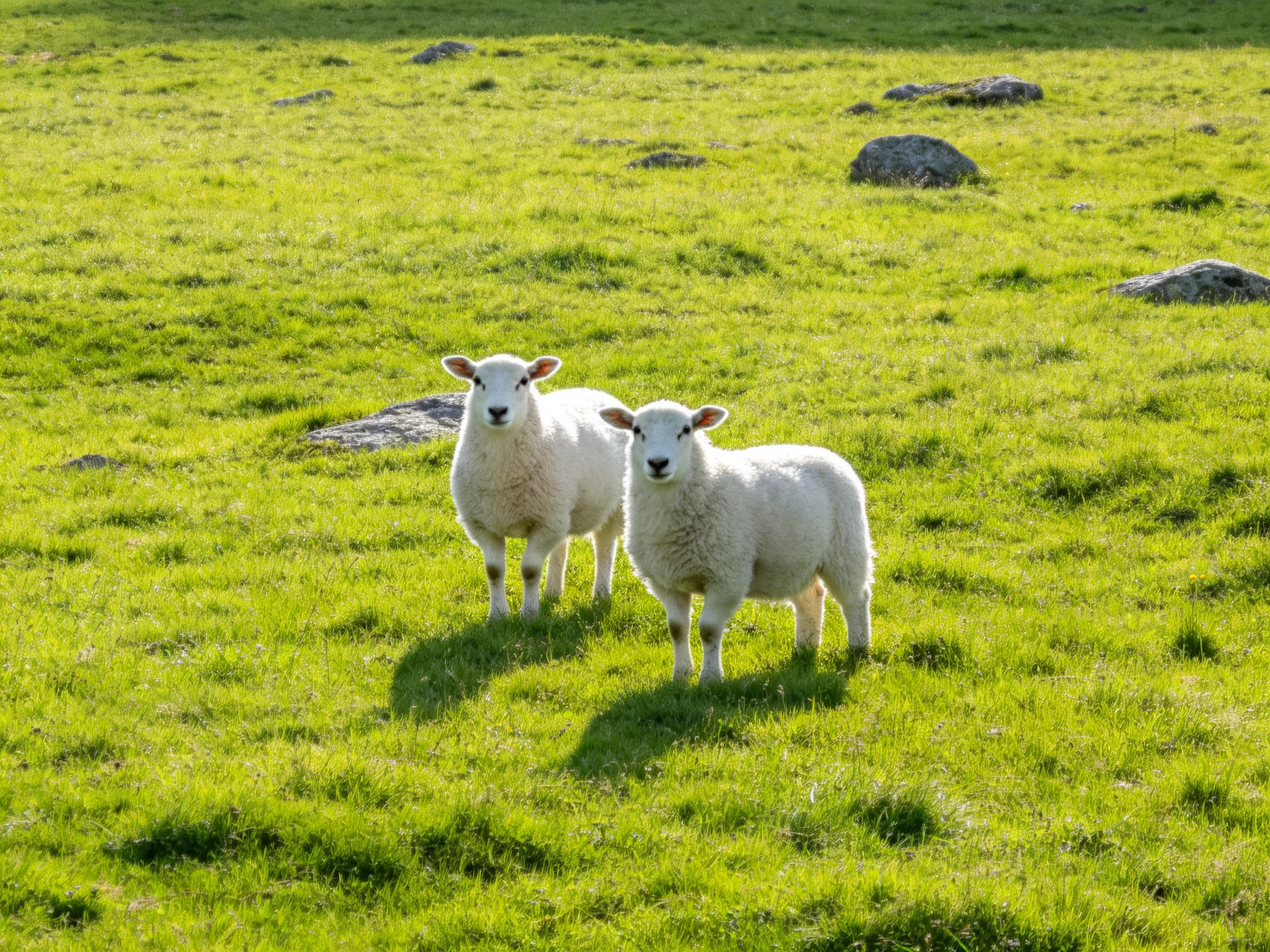 Two white lambs standing in a sunlit lush green meadow