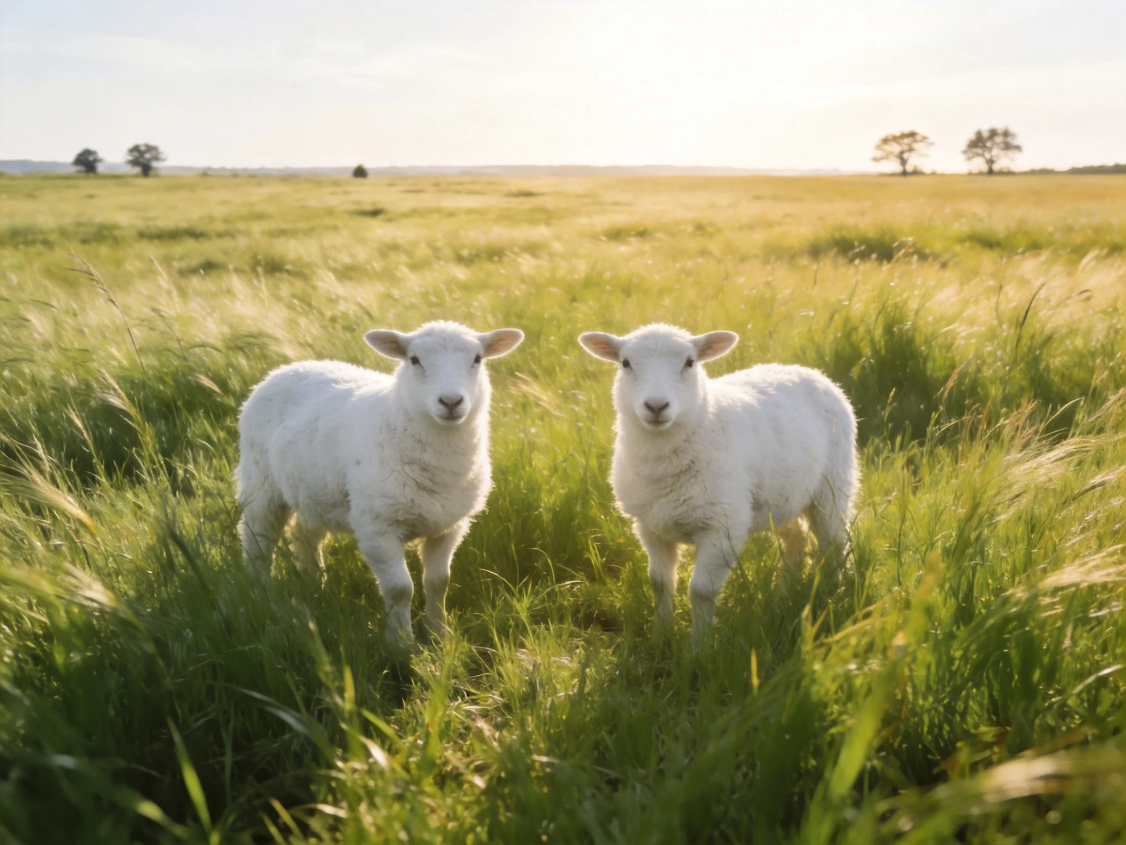 Two white lambs standing in sunlit green meadow