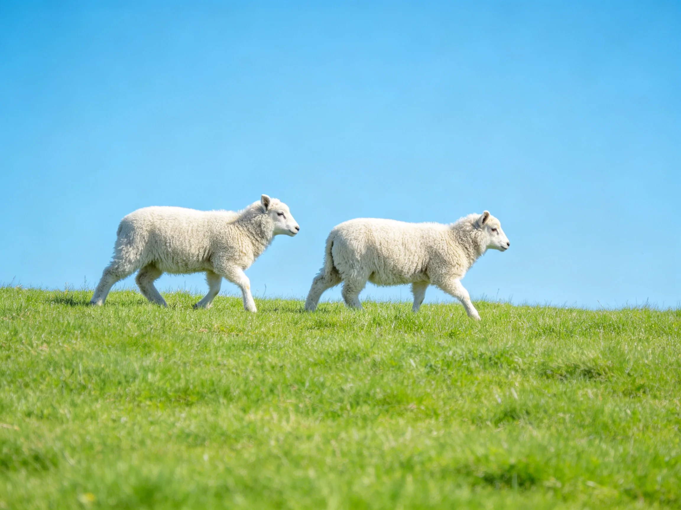 Two white lambs stroll across a vibrant green meadow under a bright blue sky