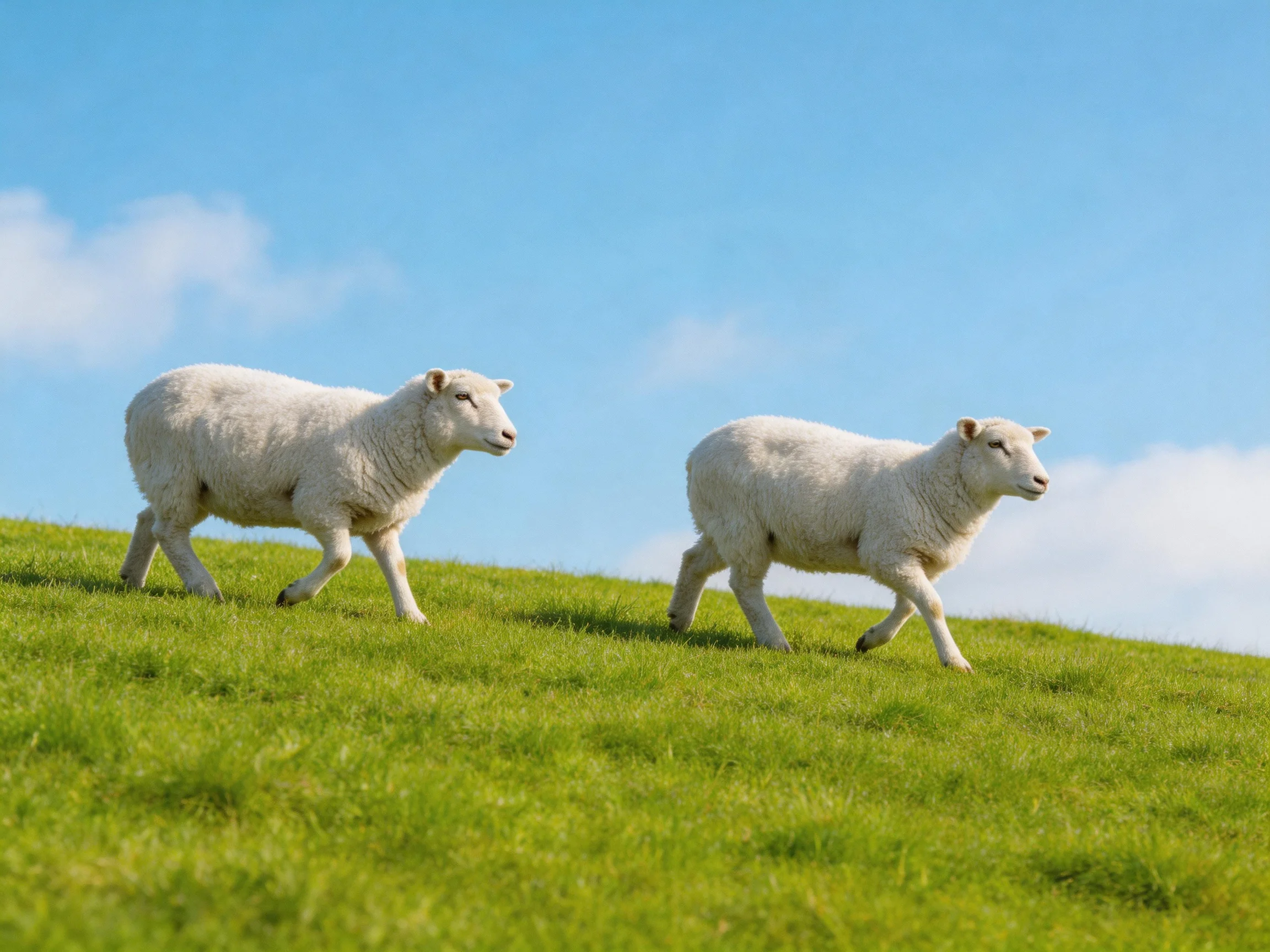 Two white lambs stroll on a lush green hillside under clear blue sky