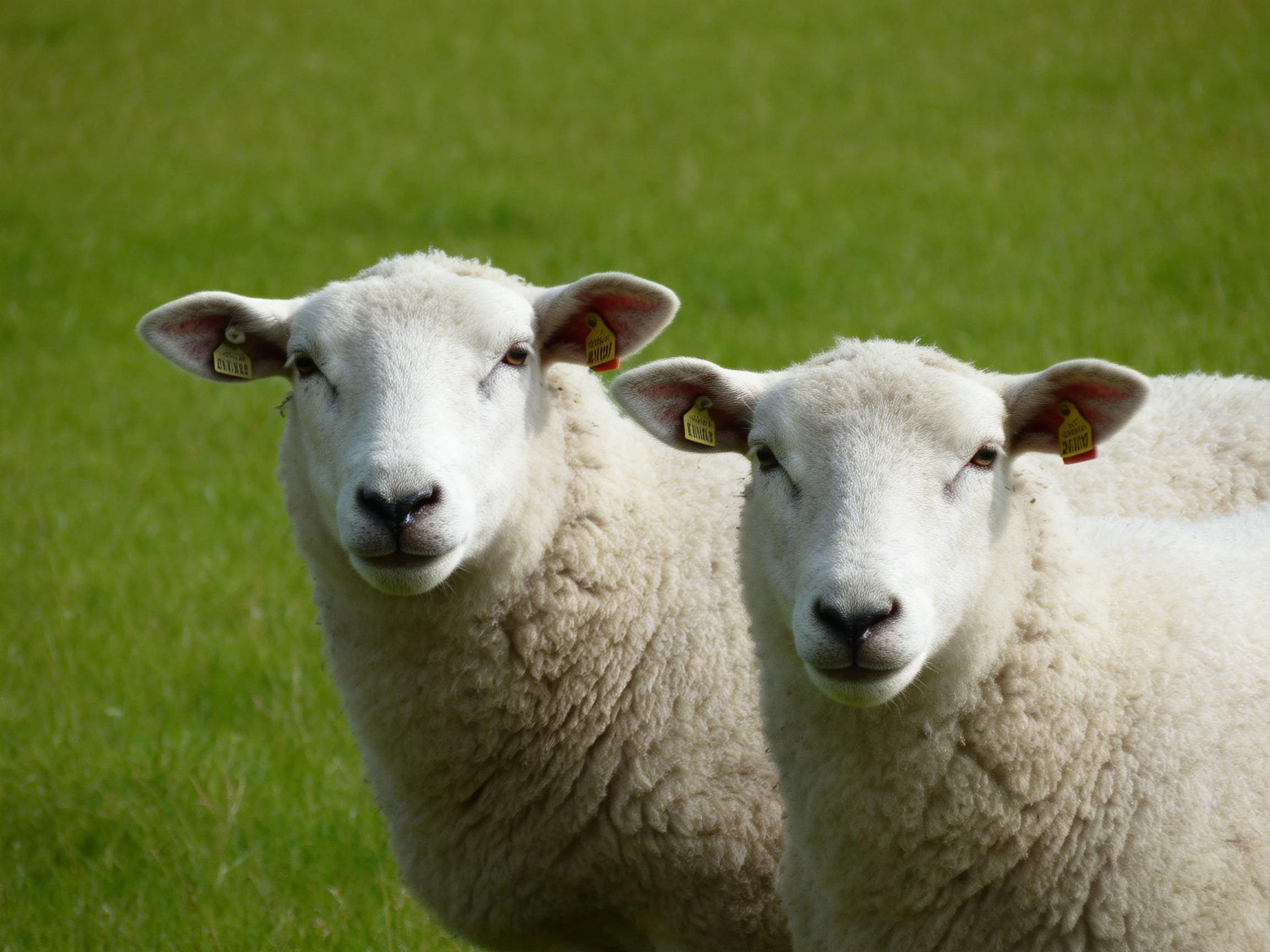 Two white lambs with yellow ear tags in a green meadow