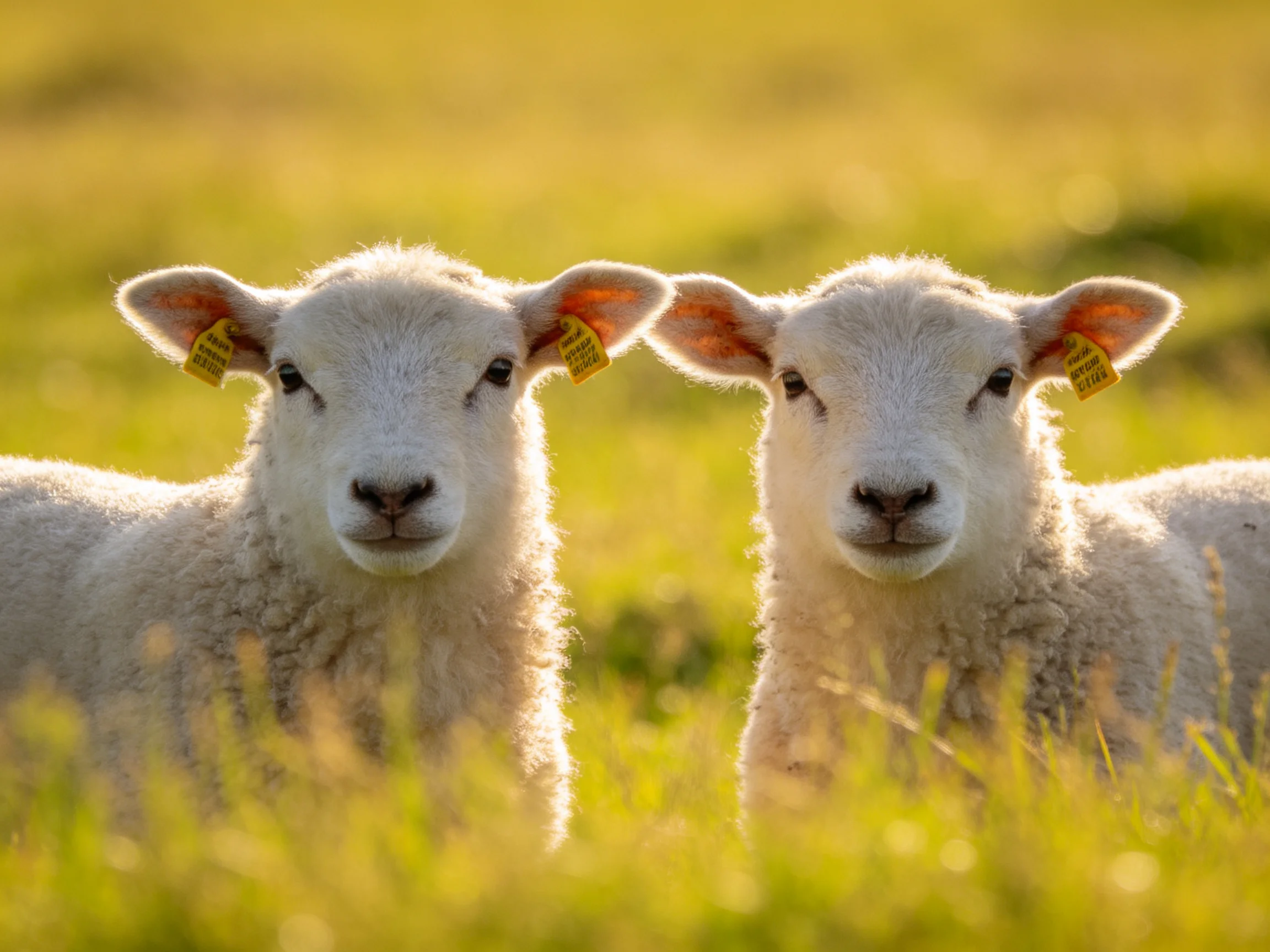 Two white lambs stand together in a sunlit grassy field with yellow ear tags.