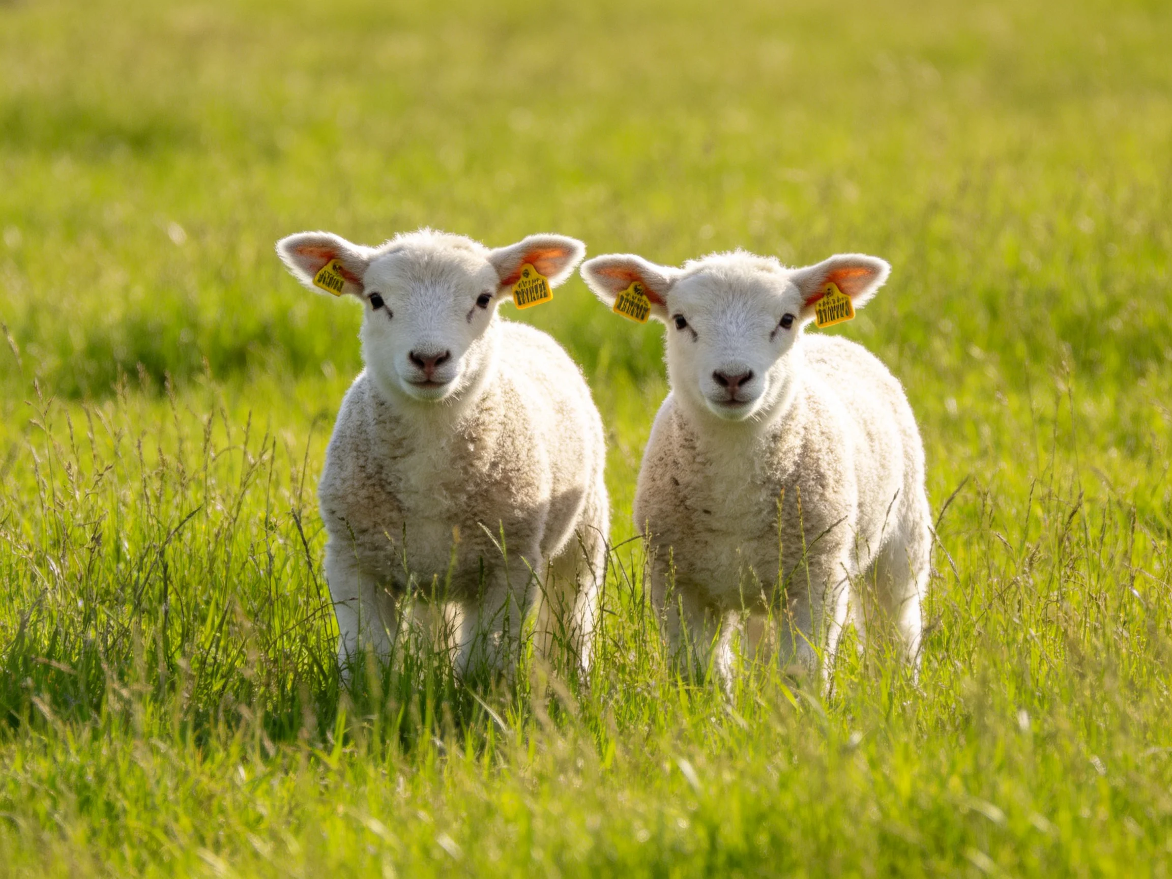 Two white lambs with yellow ear tags in sunlit green pasture