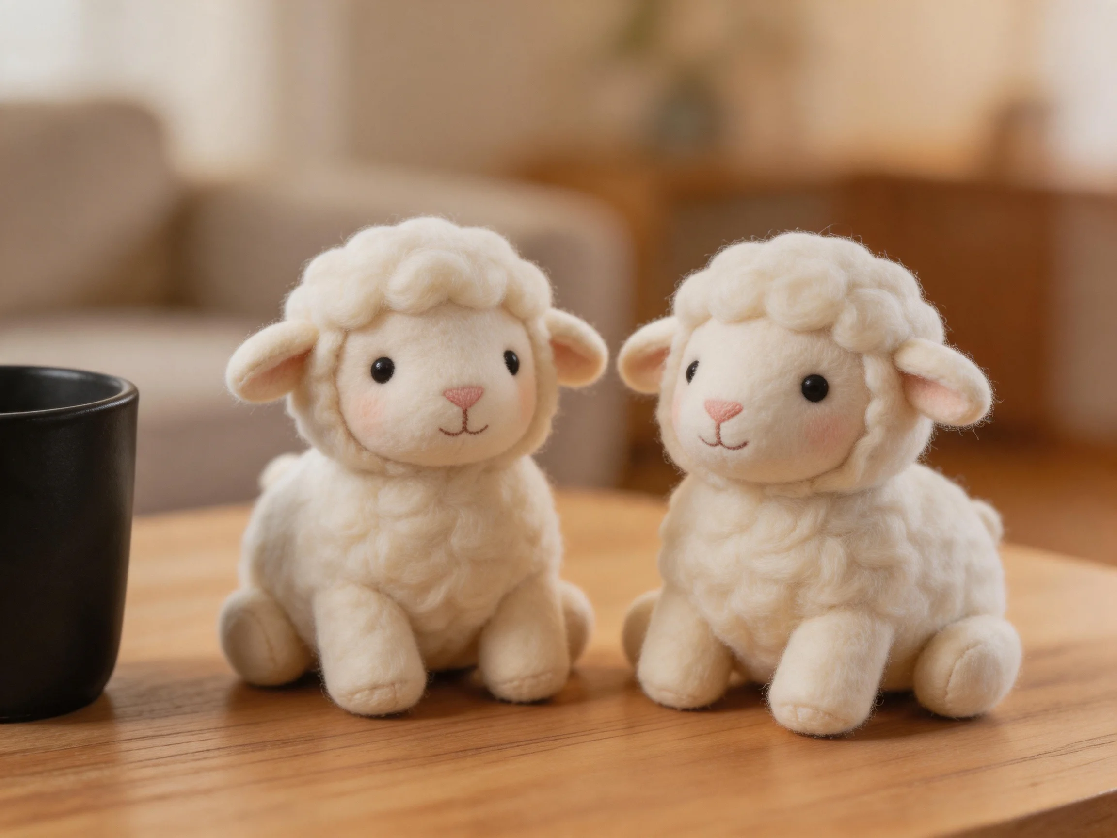 Two white plush lambs sit beside a black cup on a wooden surface