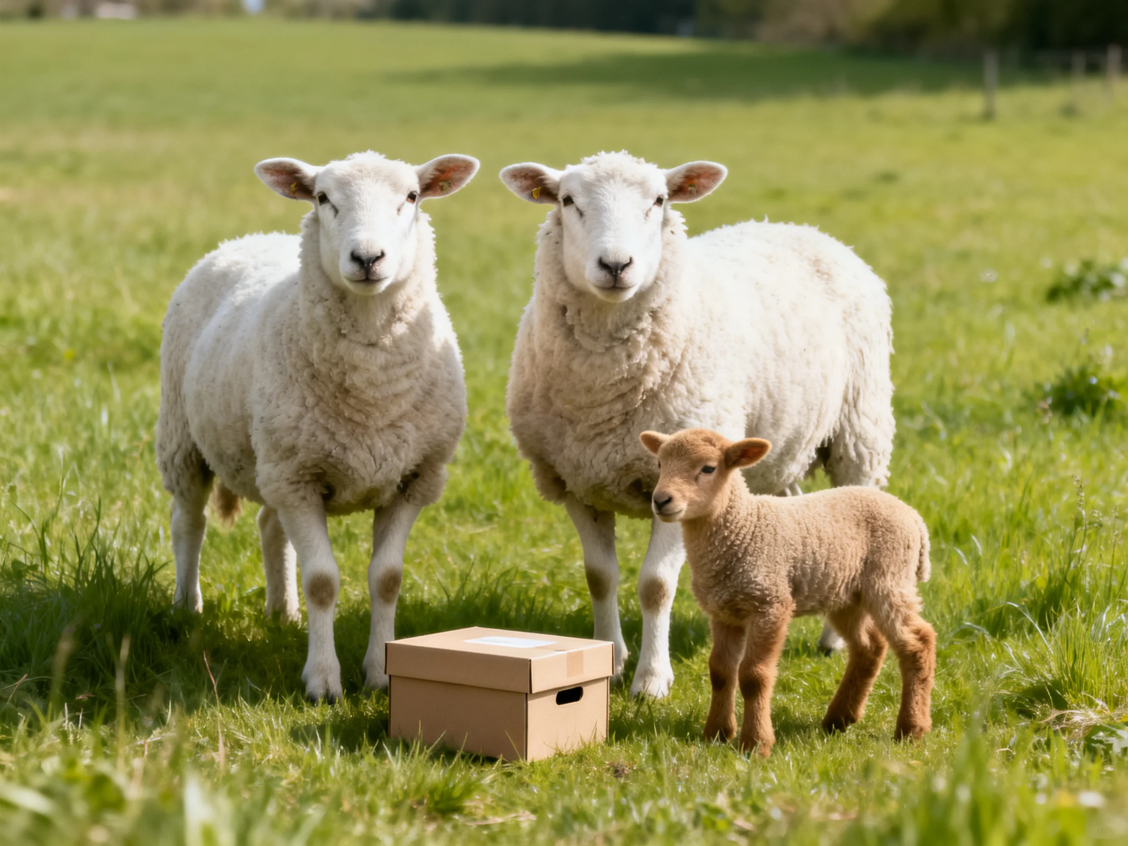 Two white sheep, a lamb, and a box in a green pasture