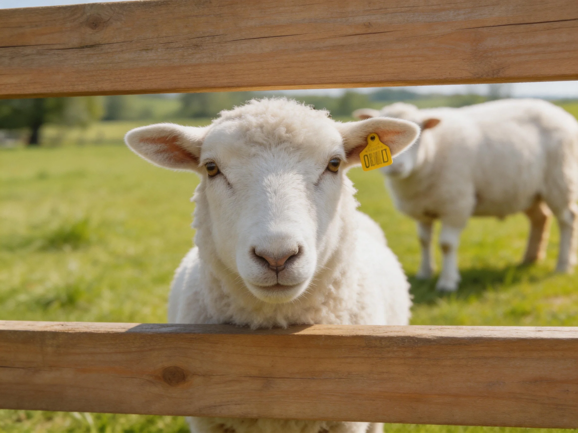 Two white sheep by a wooden fence in a sunlit green pasture