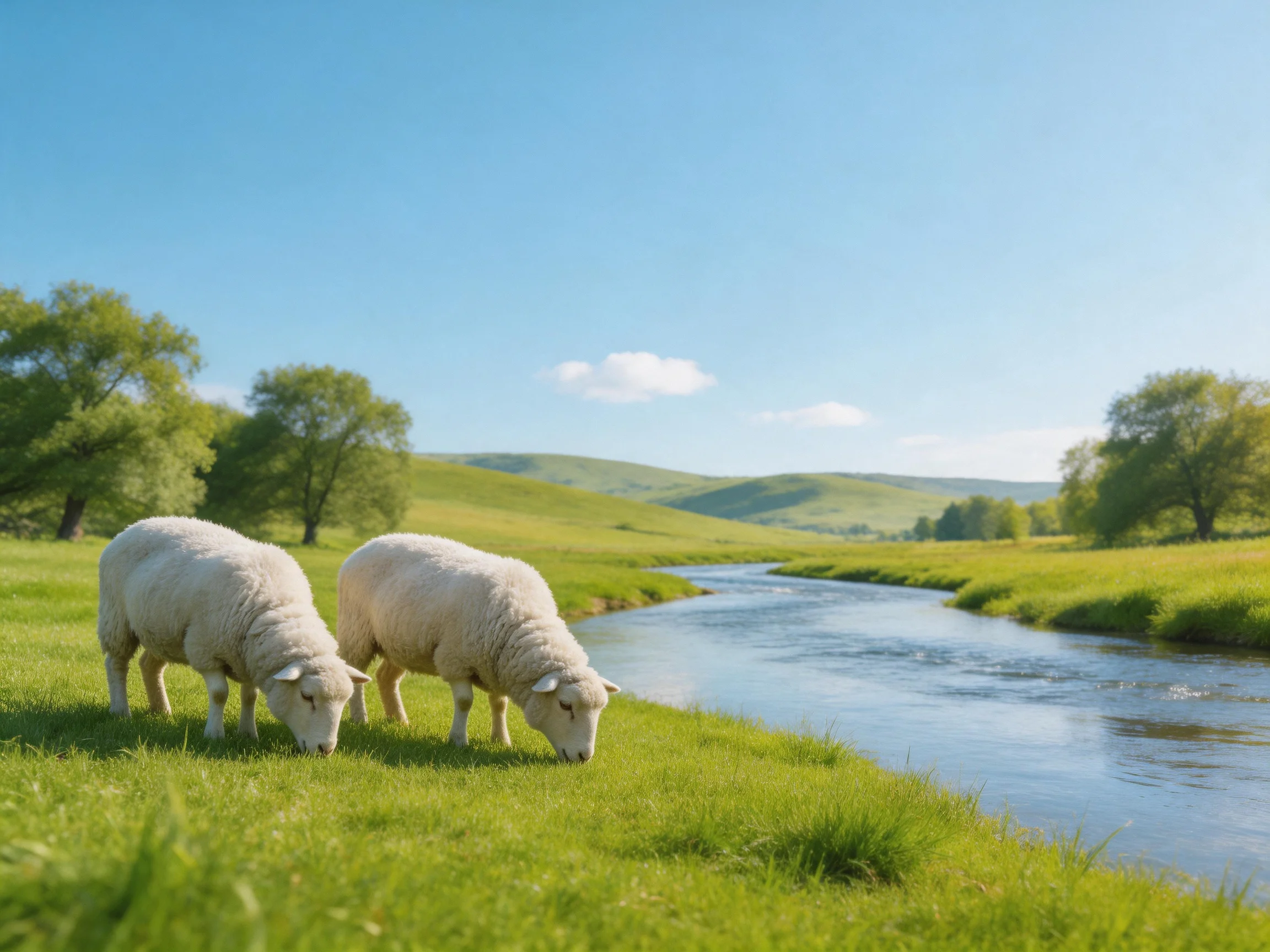 Two white sheep graze beside a winding stream on lush green hills