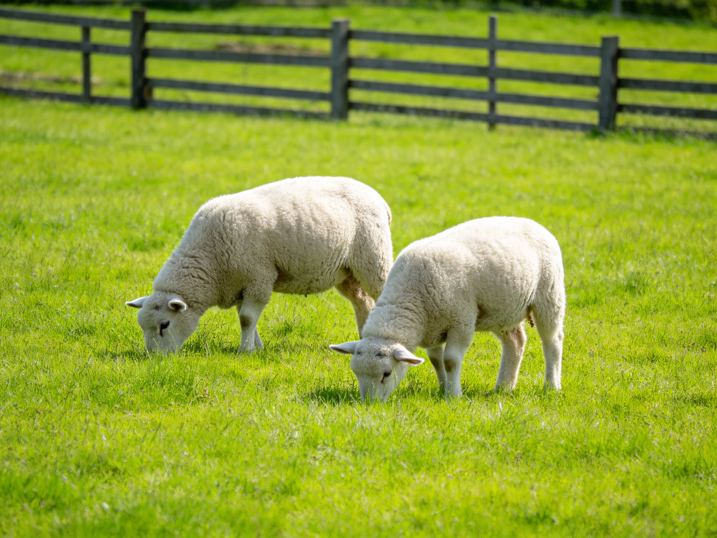 Two sheep graze on grass near a wooden fence