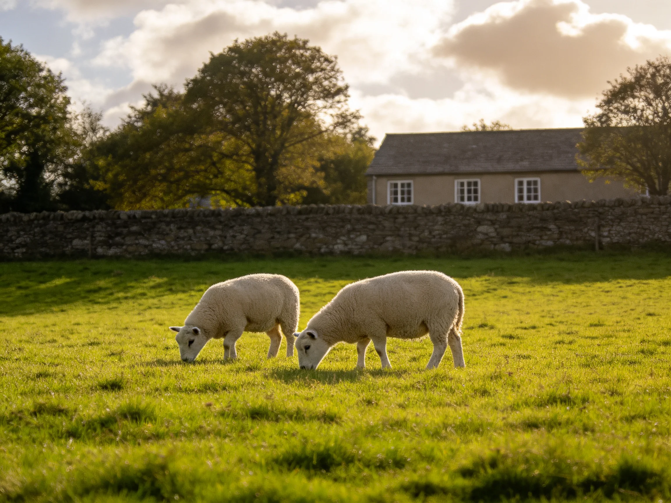 Two sheep graze in a sunlit green pasture near a stone wall and house