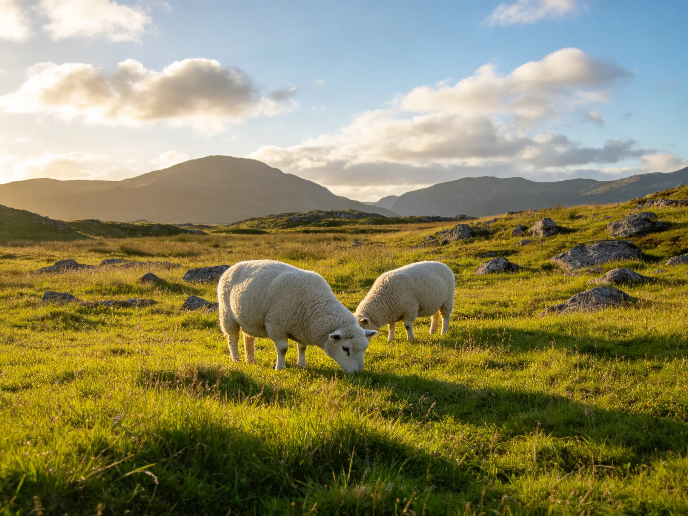Two sheep graze in a sunlit meadow with rocky terrain and distant mountains.