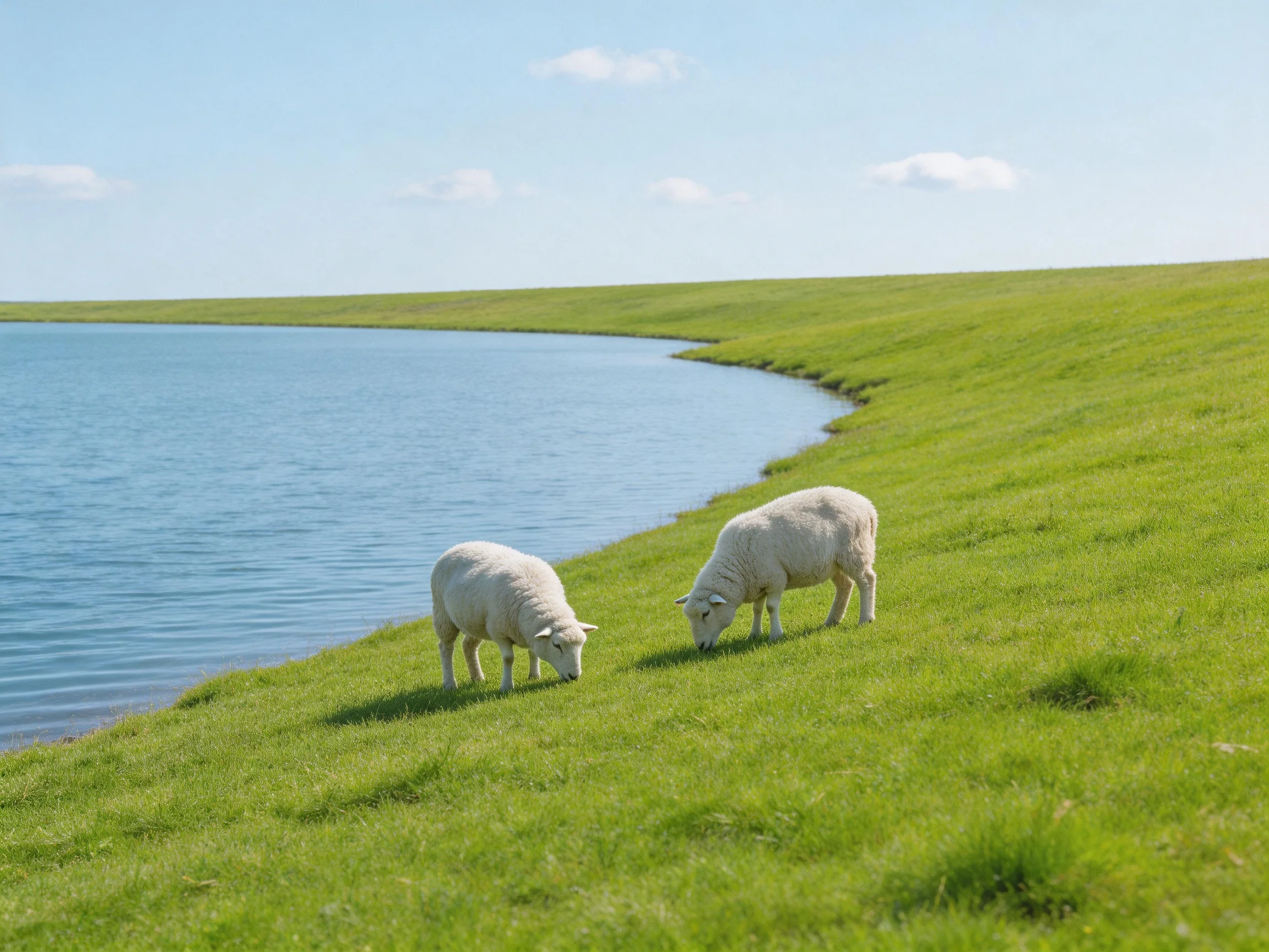 Two white sheep graze near a calm blue lake on lush green terrain