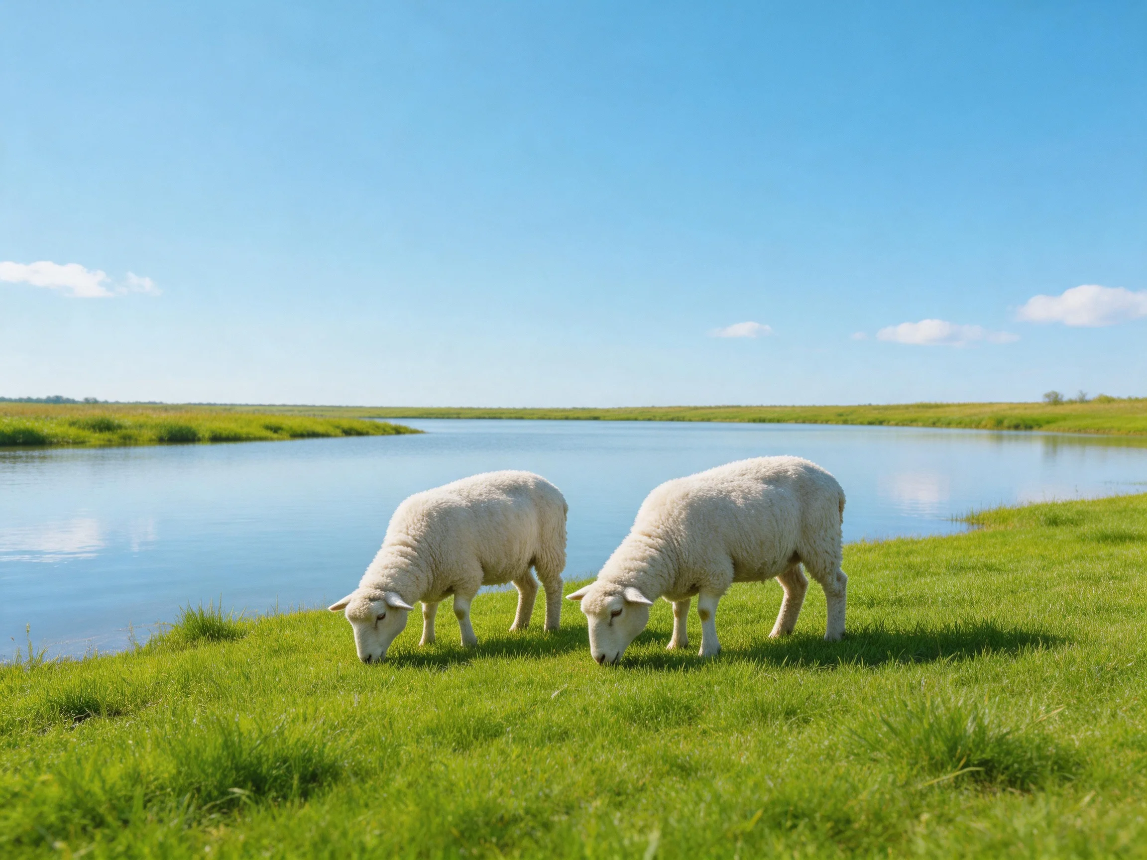 Two white sheep graze near a calm blue river under clear sky