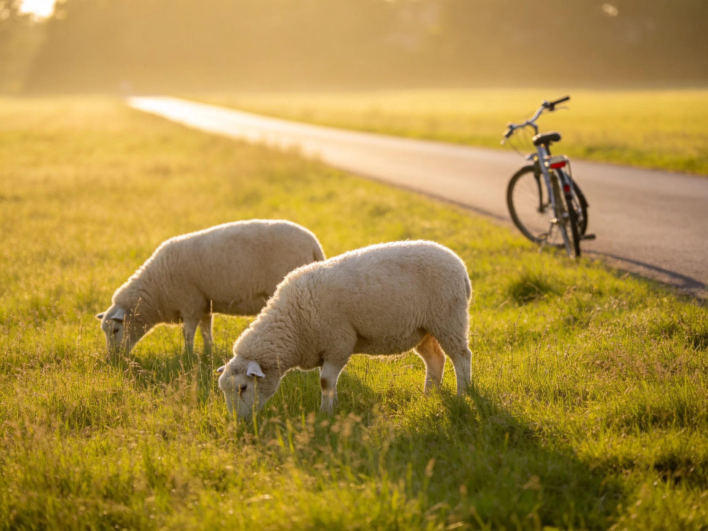 Two white sheep graze near a silver bicycle on a sunlit path