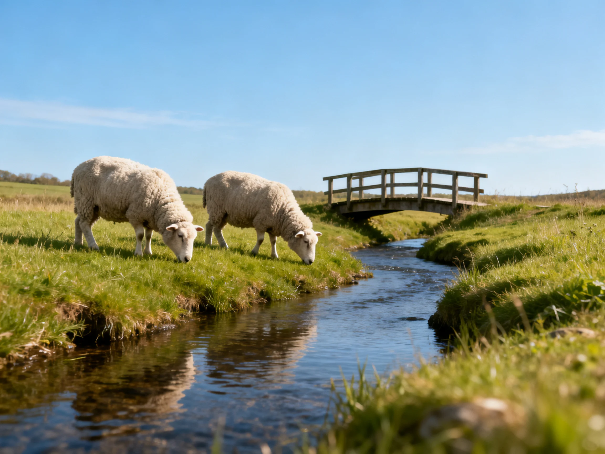 Two white sheep graze near a small stream with a wooden bridge