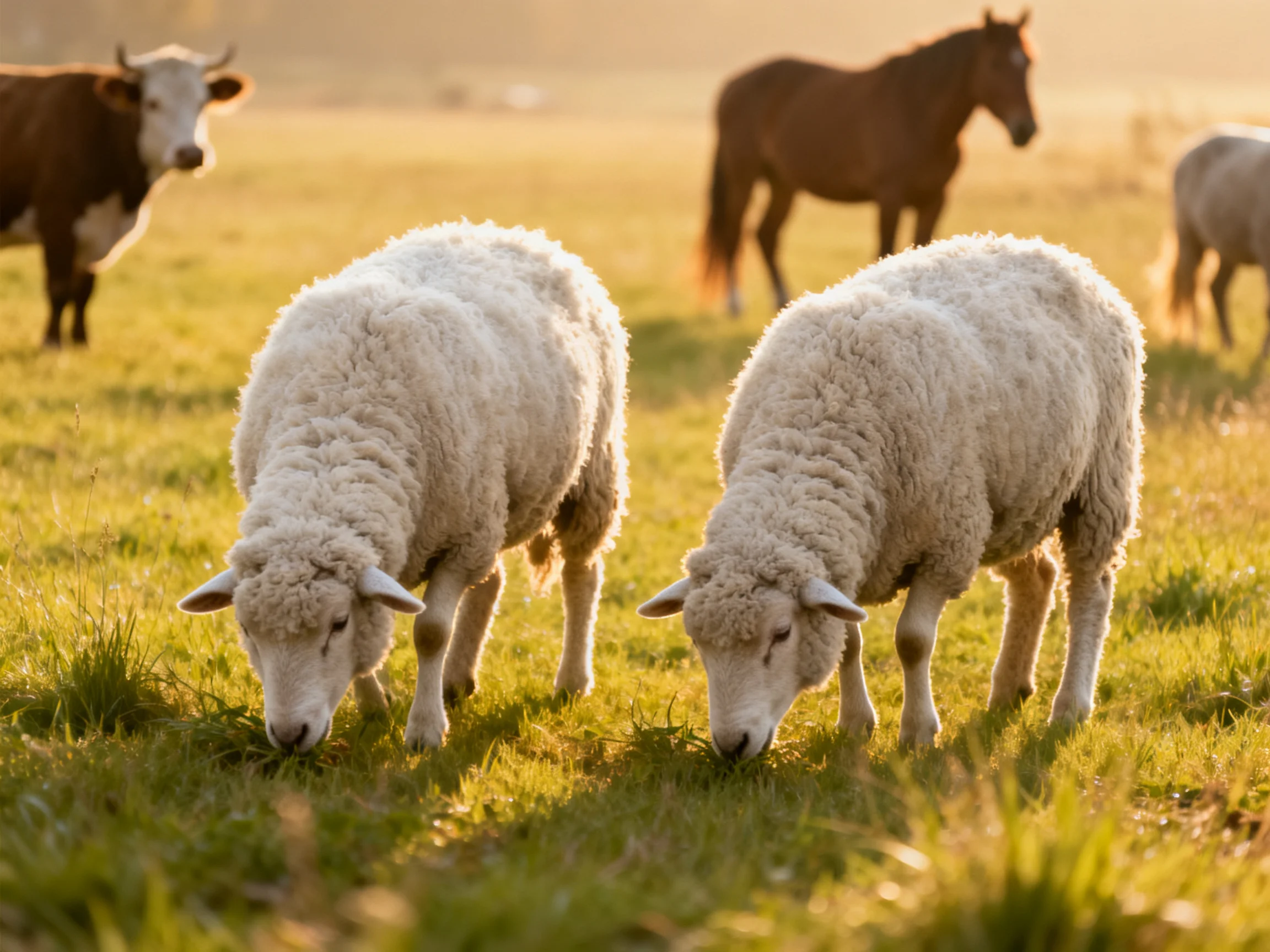 Two white sheep graze near brown cow and horse in sunlit pasture