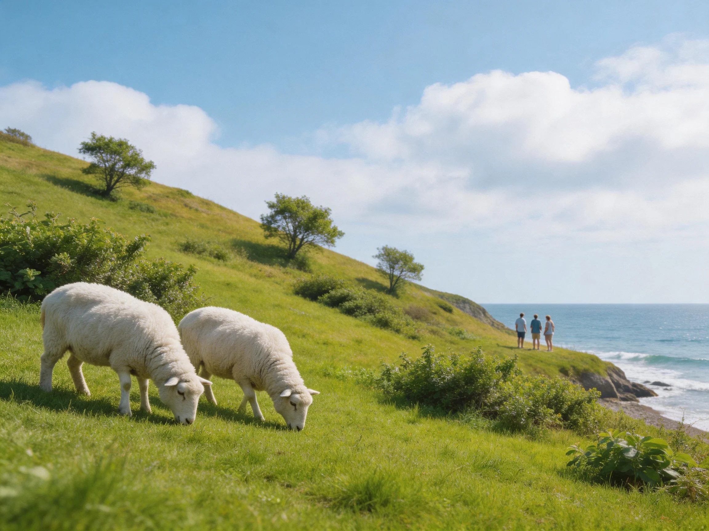 Two white sheep graze on a lush coastal hillside by the sea
