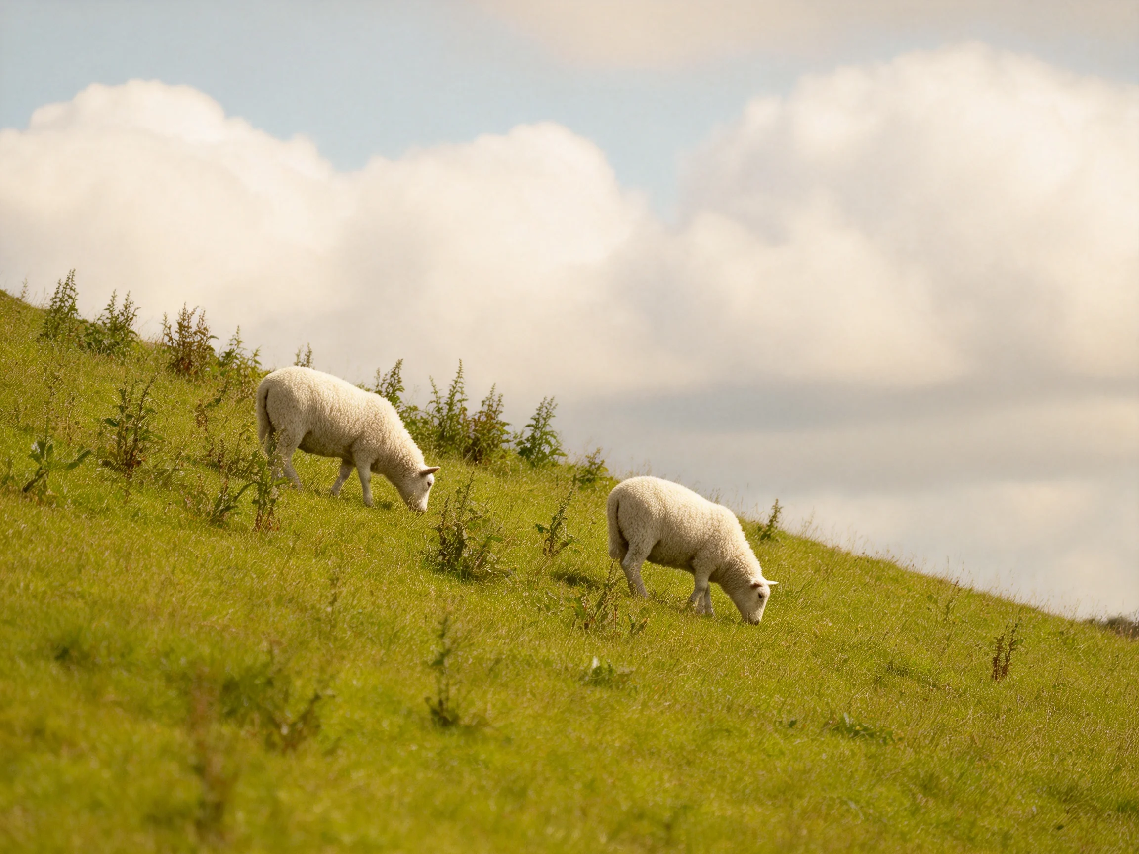 Two sheep graze on a grassy hill beneath a cloudy sky.