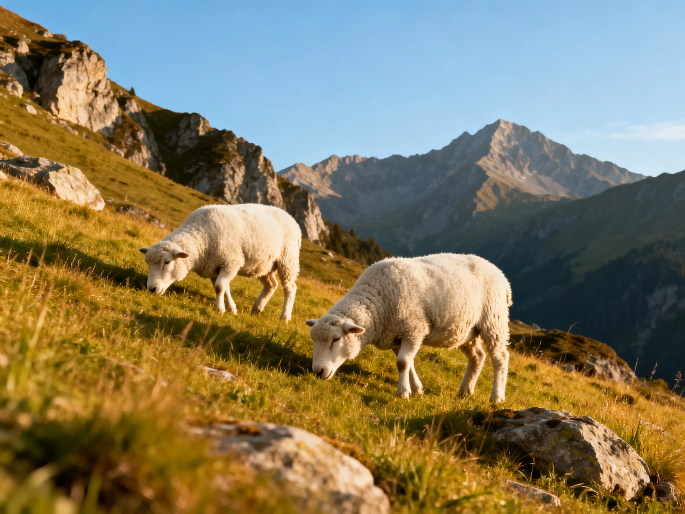 Two white sheep graze on a sunlit mountain meadow