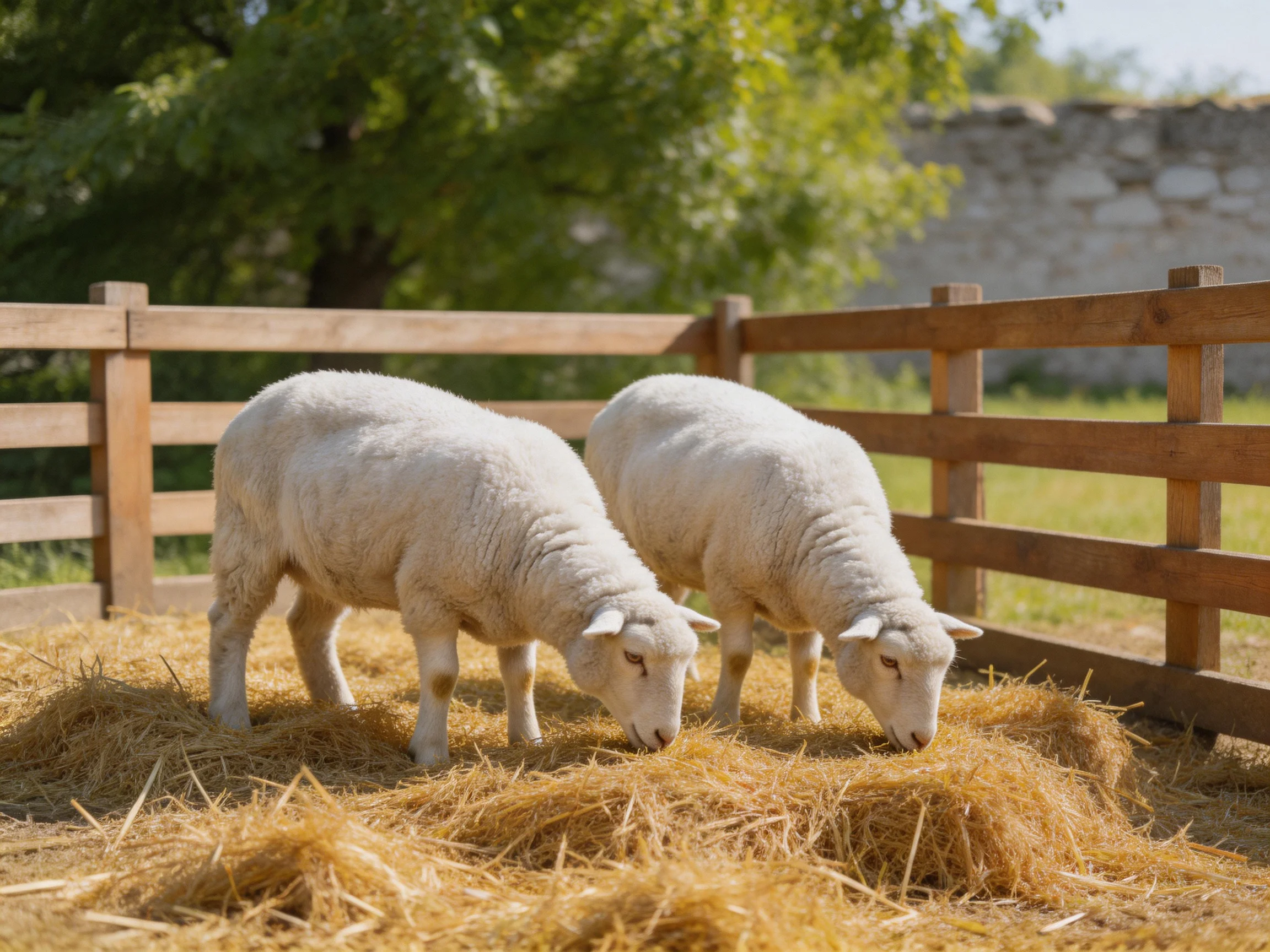 Two white sheep graze on golden straw near a wooden fence
