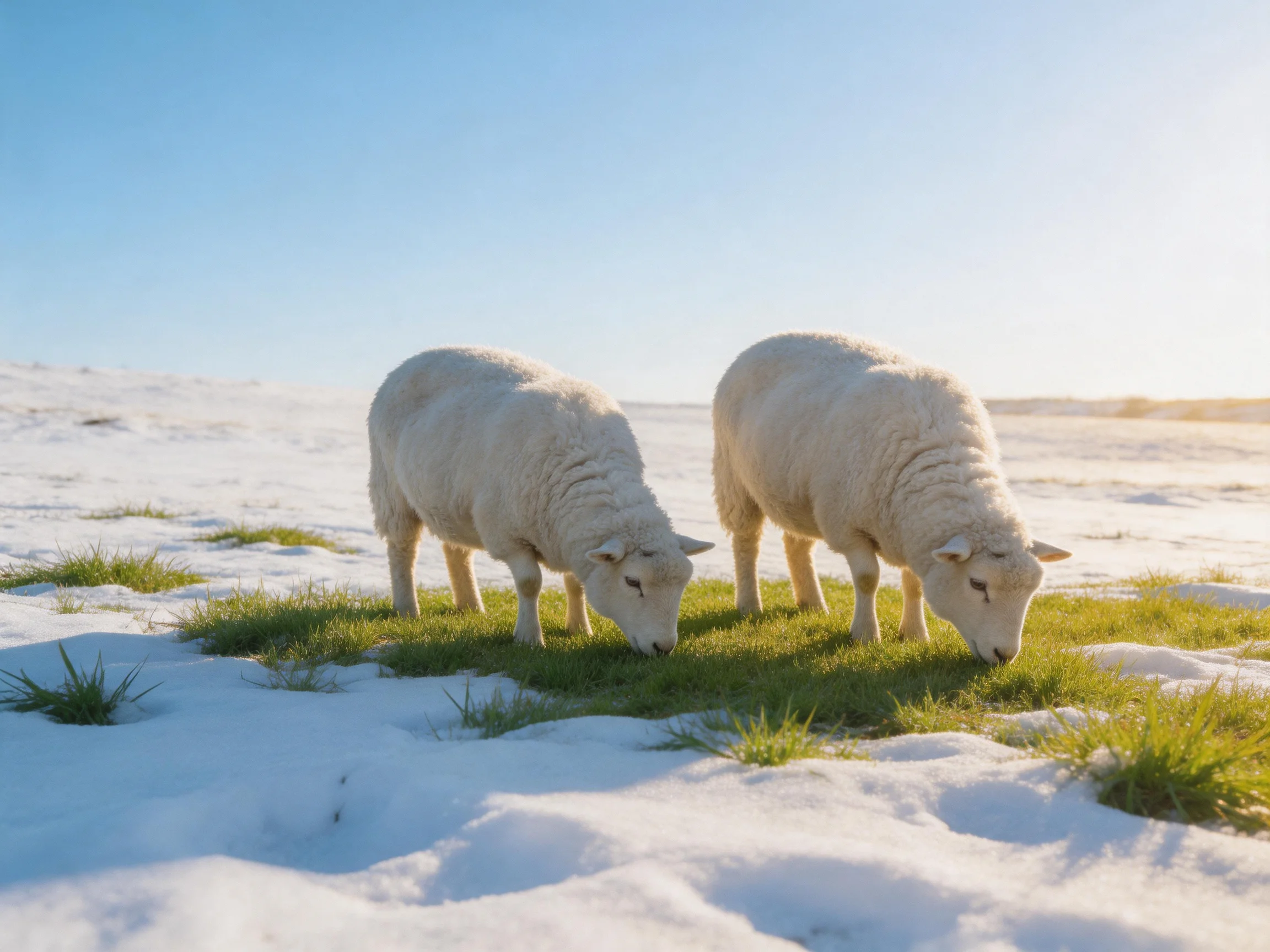 Two white sheep graze on snow-dusted green grass