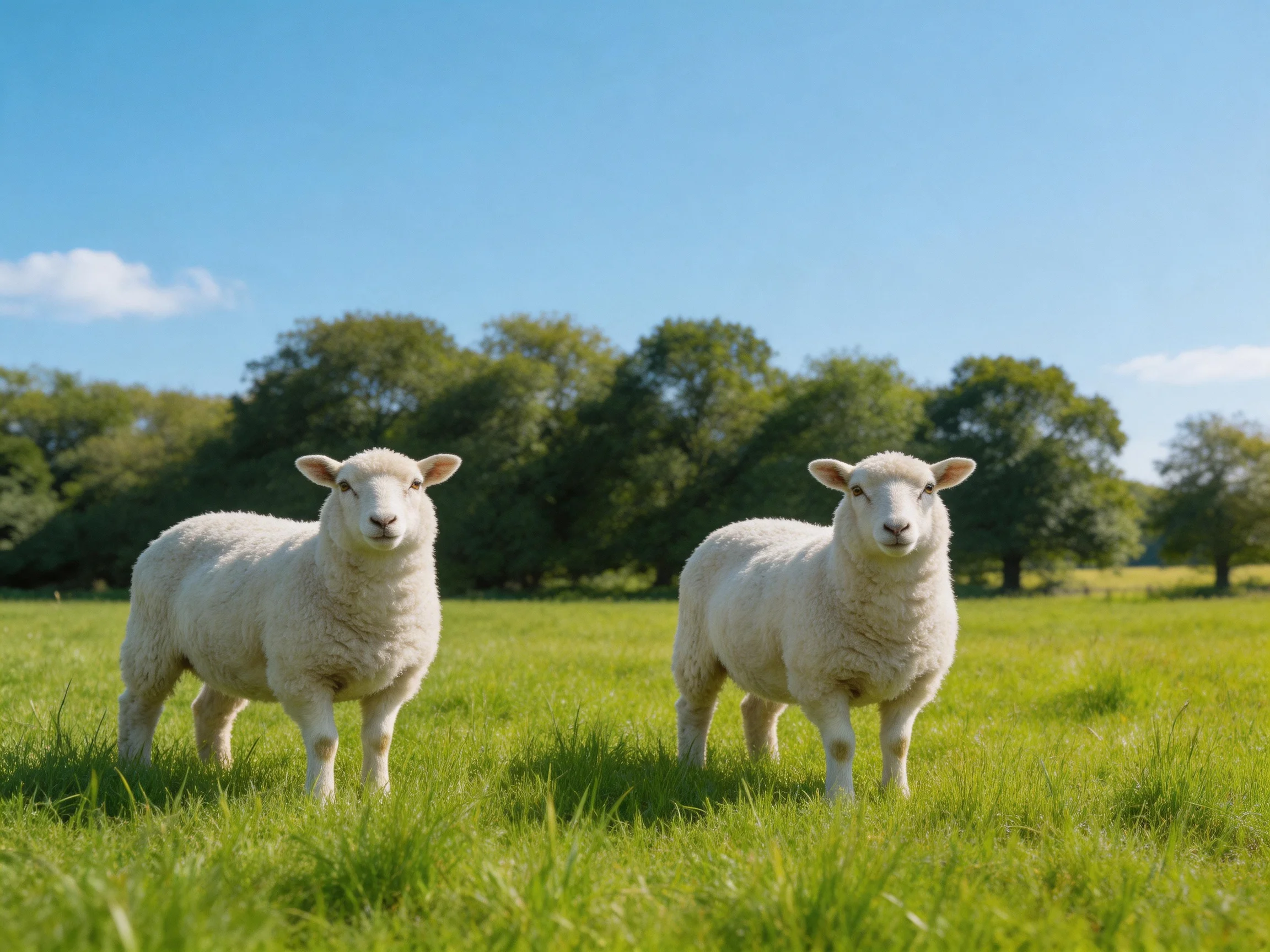 Two white sheep in a sunny green pasture under blue sky