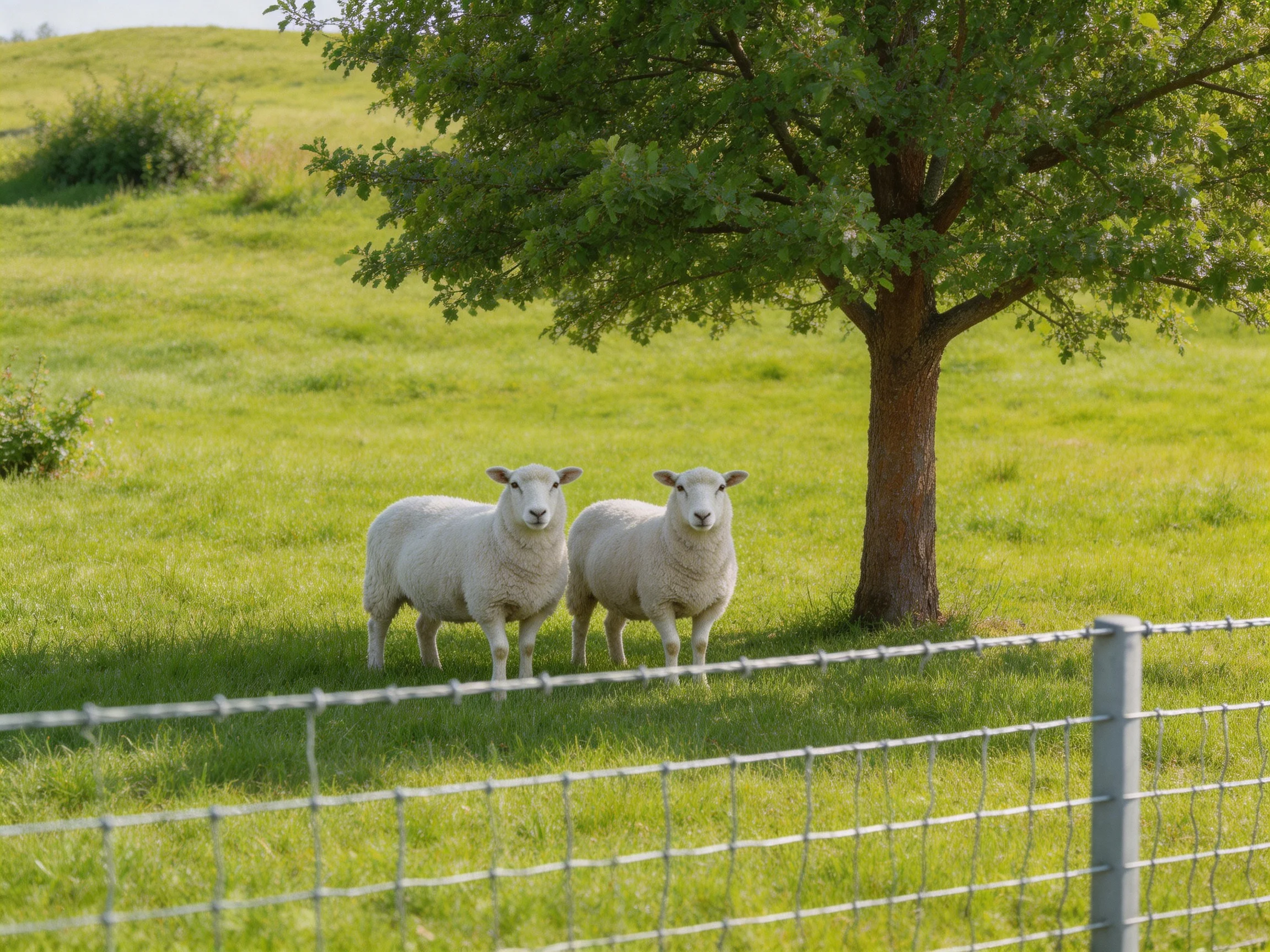 Two sheep stand together in a sunny fenced pasture beside a large tree.