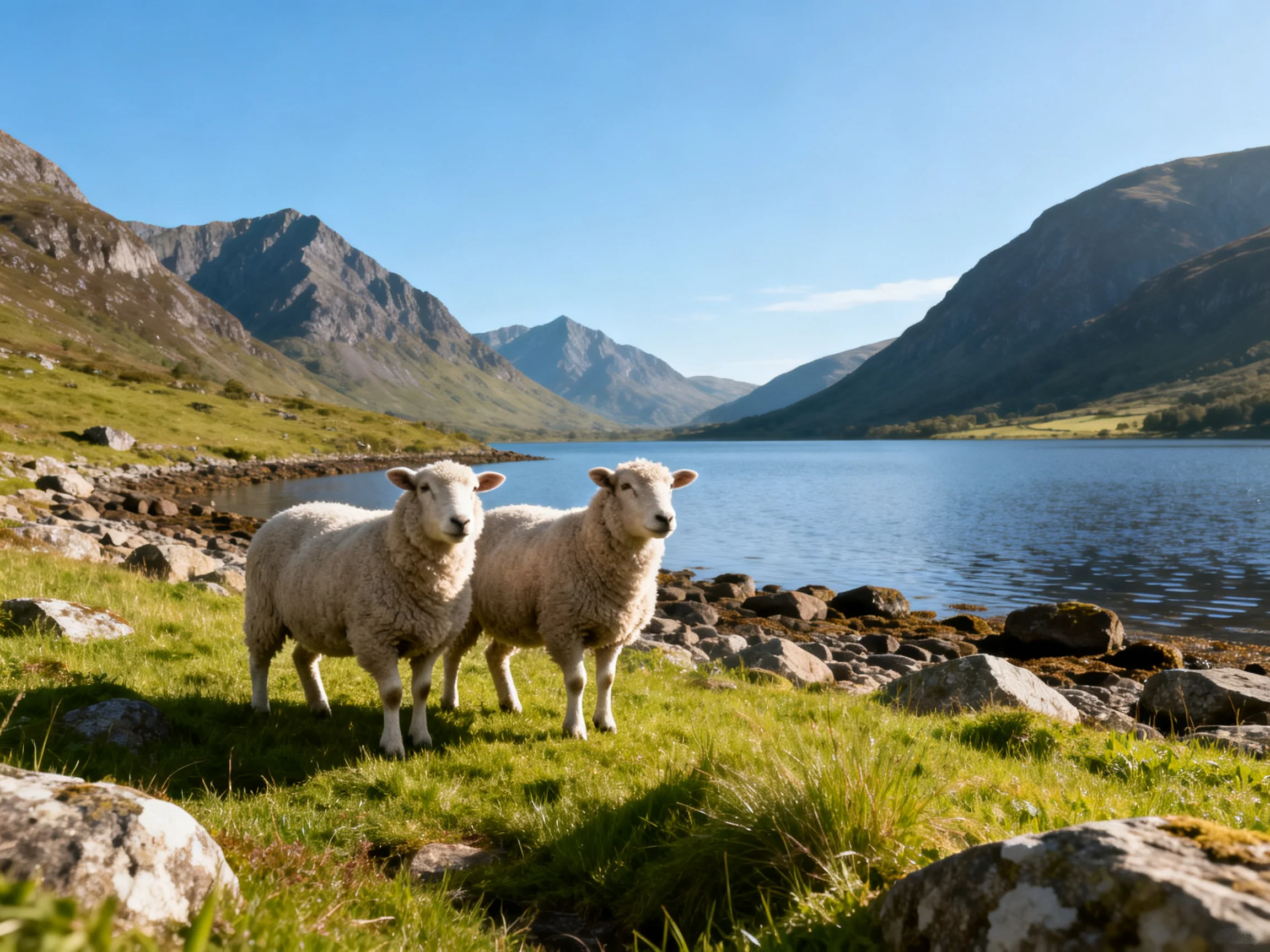 Two white sheep near a serene mountain lake with rocky shores