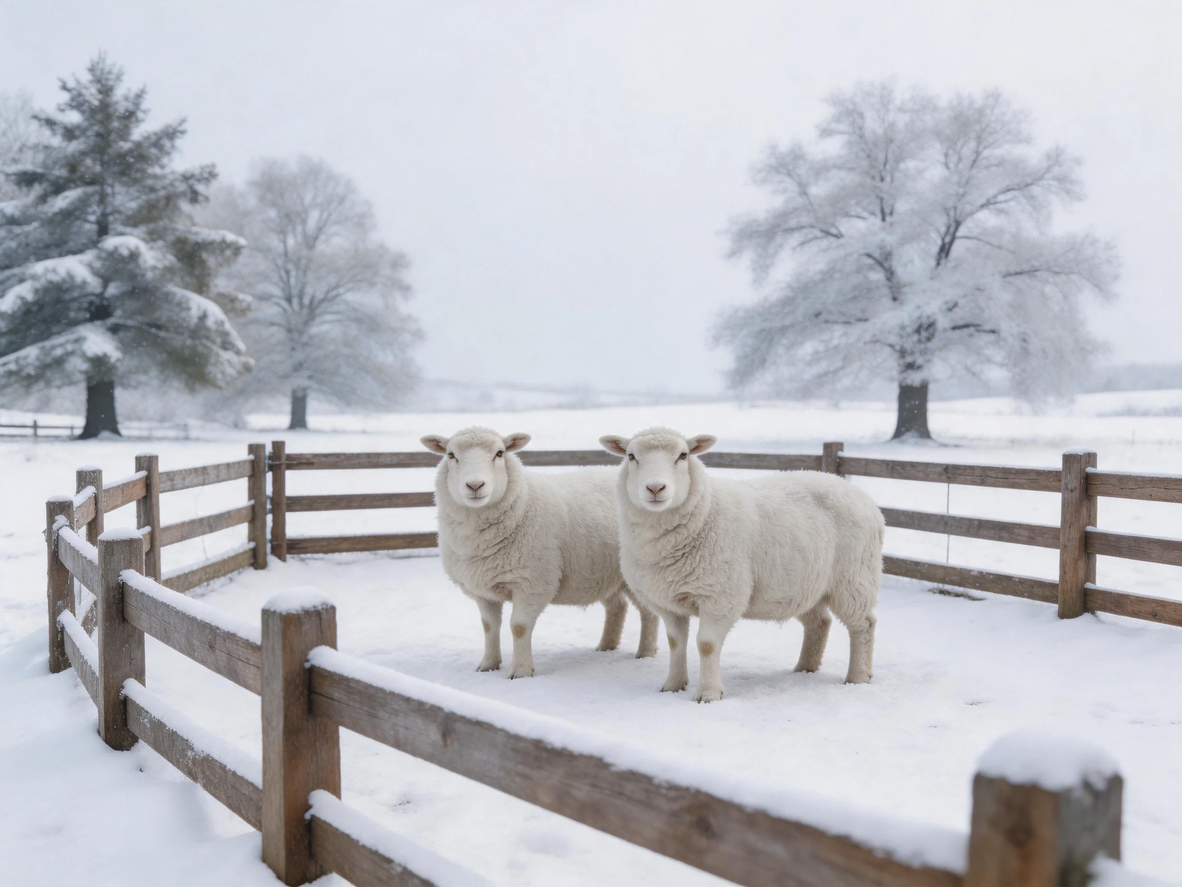 Two white sheep near a wooden fence in a snow-covered field