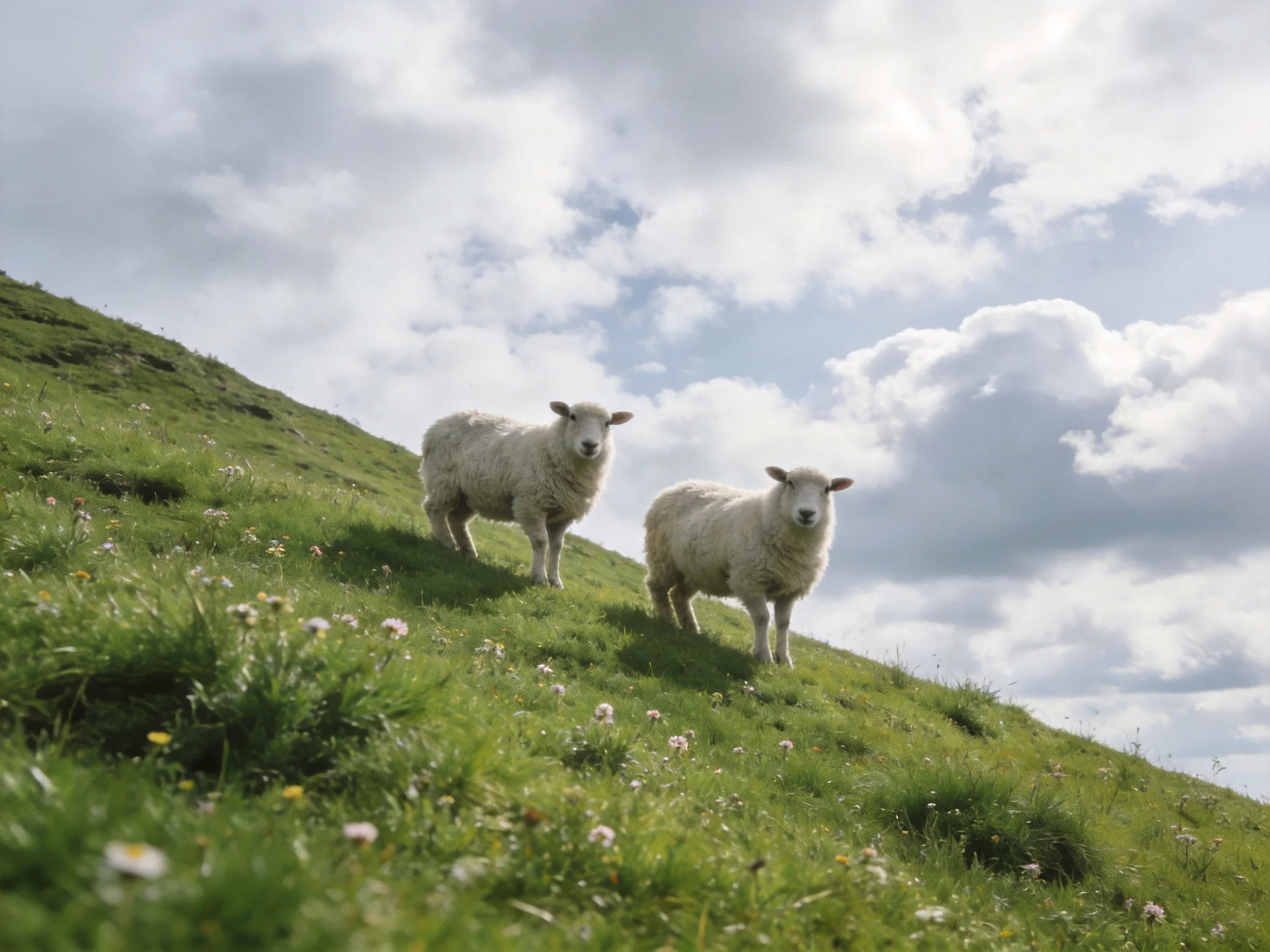 Two white sheep on a grassy hill with wildflowers