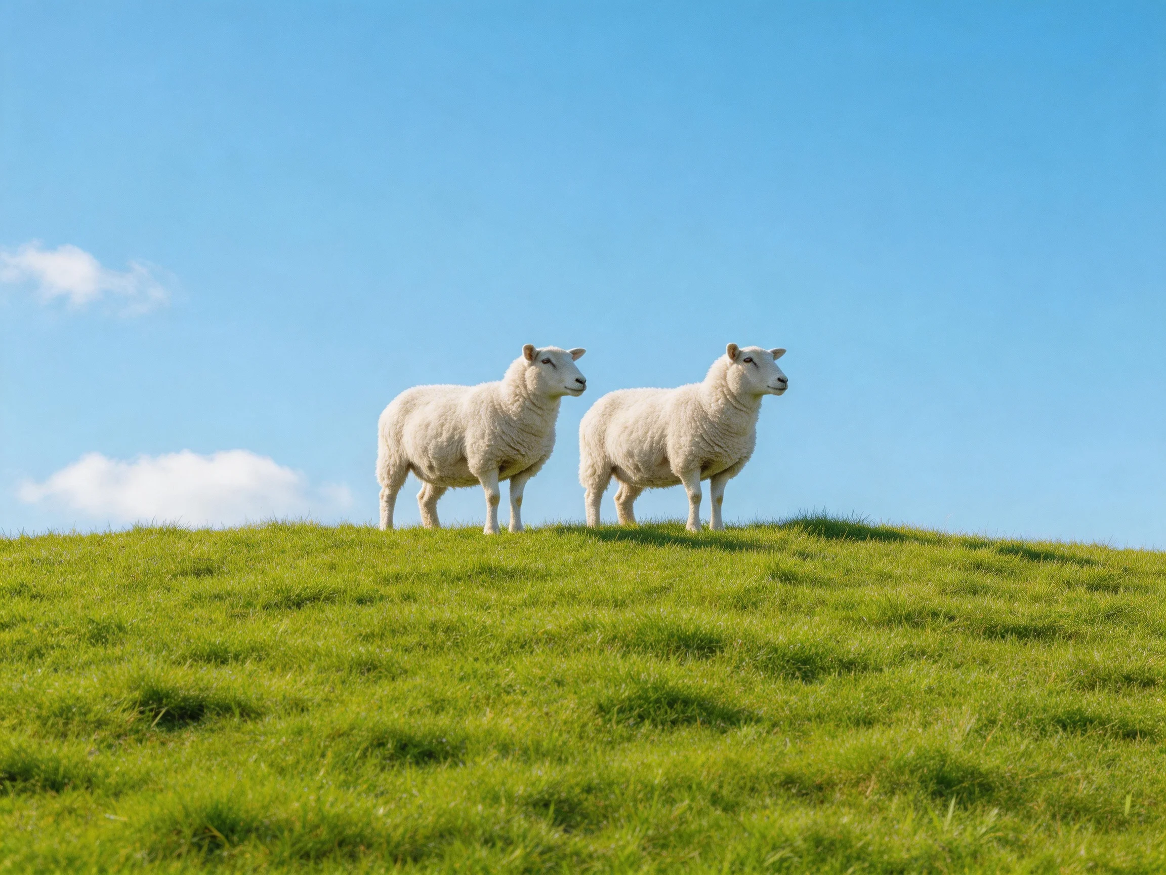 Two white sheep on a lush green hilltop under clear blue sky