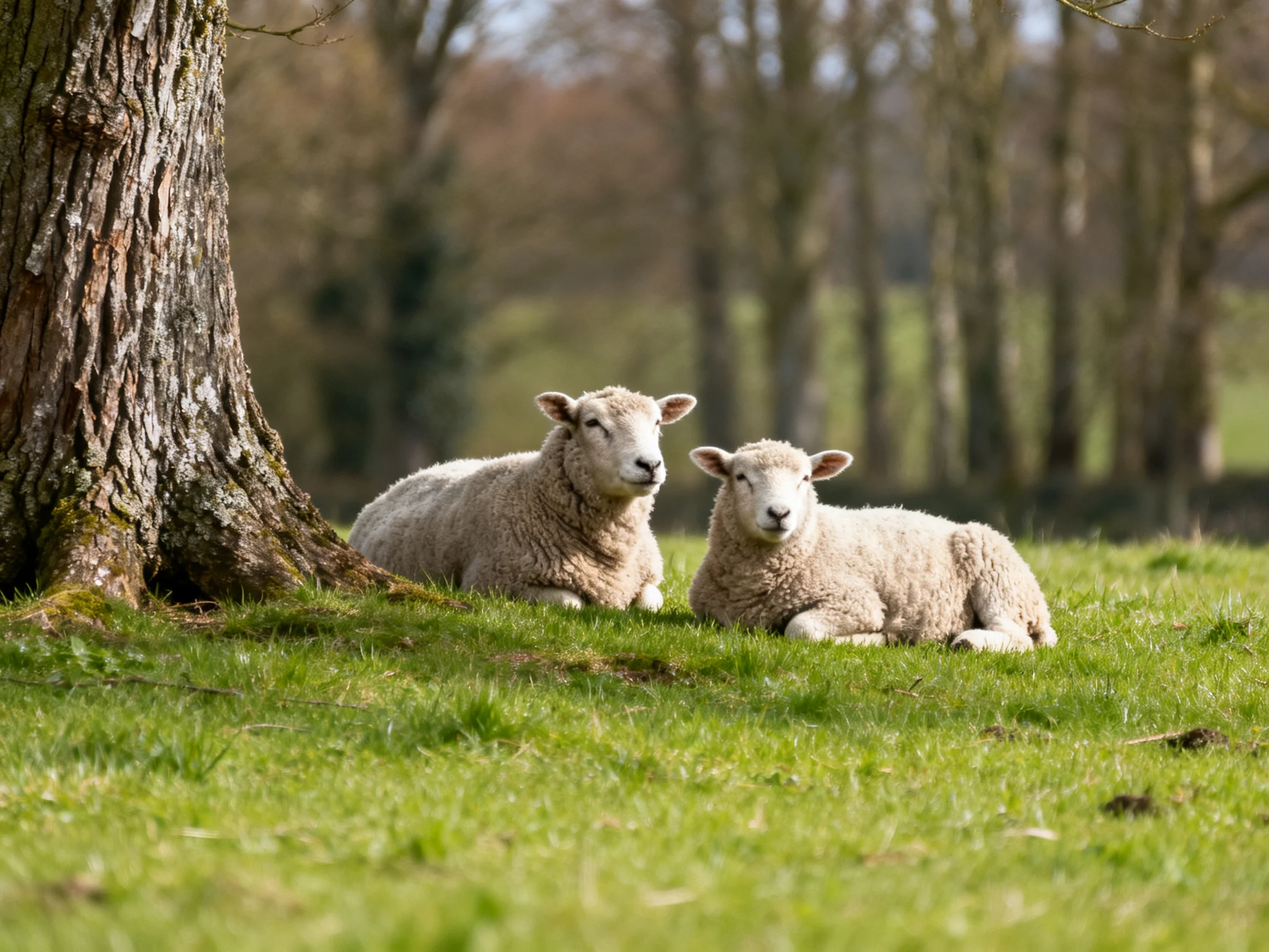 Two sheep relax near a tree in a sunlit grassy setting.