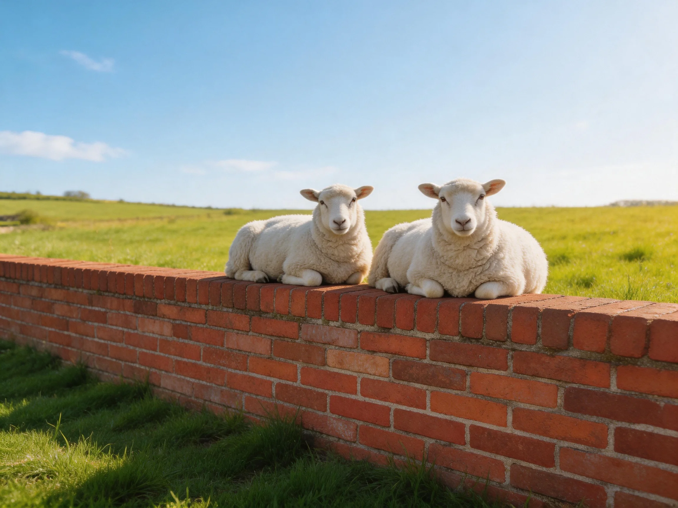 Two white sheep rest on a red brick wall near a green pasture