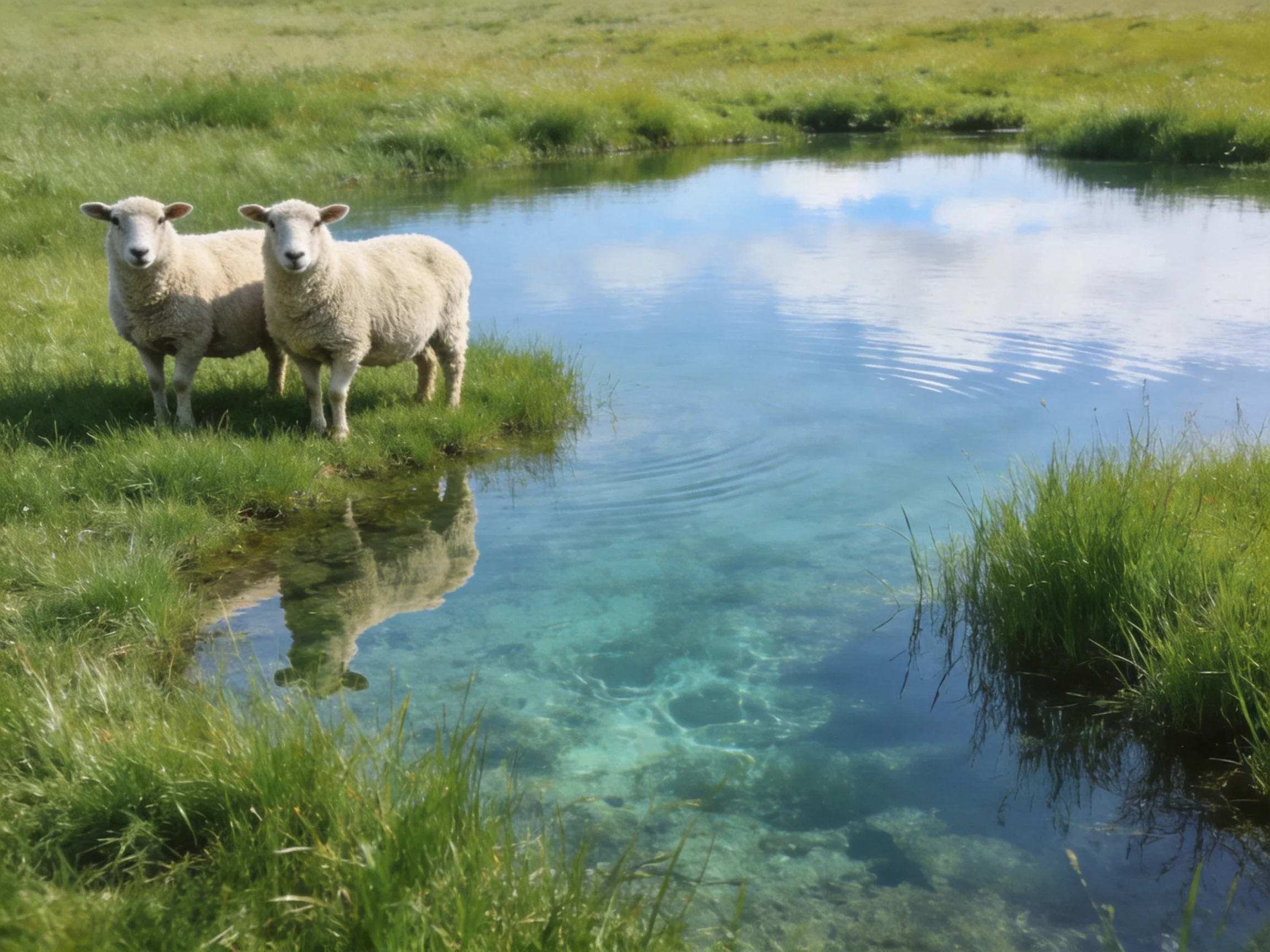 Two white sheep stand by a clear turquoise stream in lush green meadow
