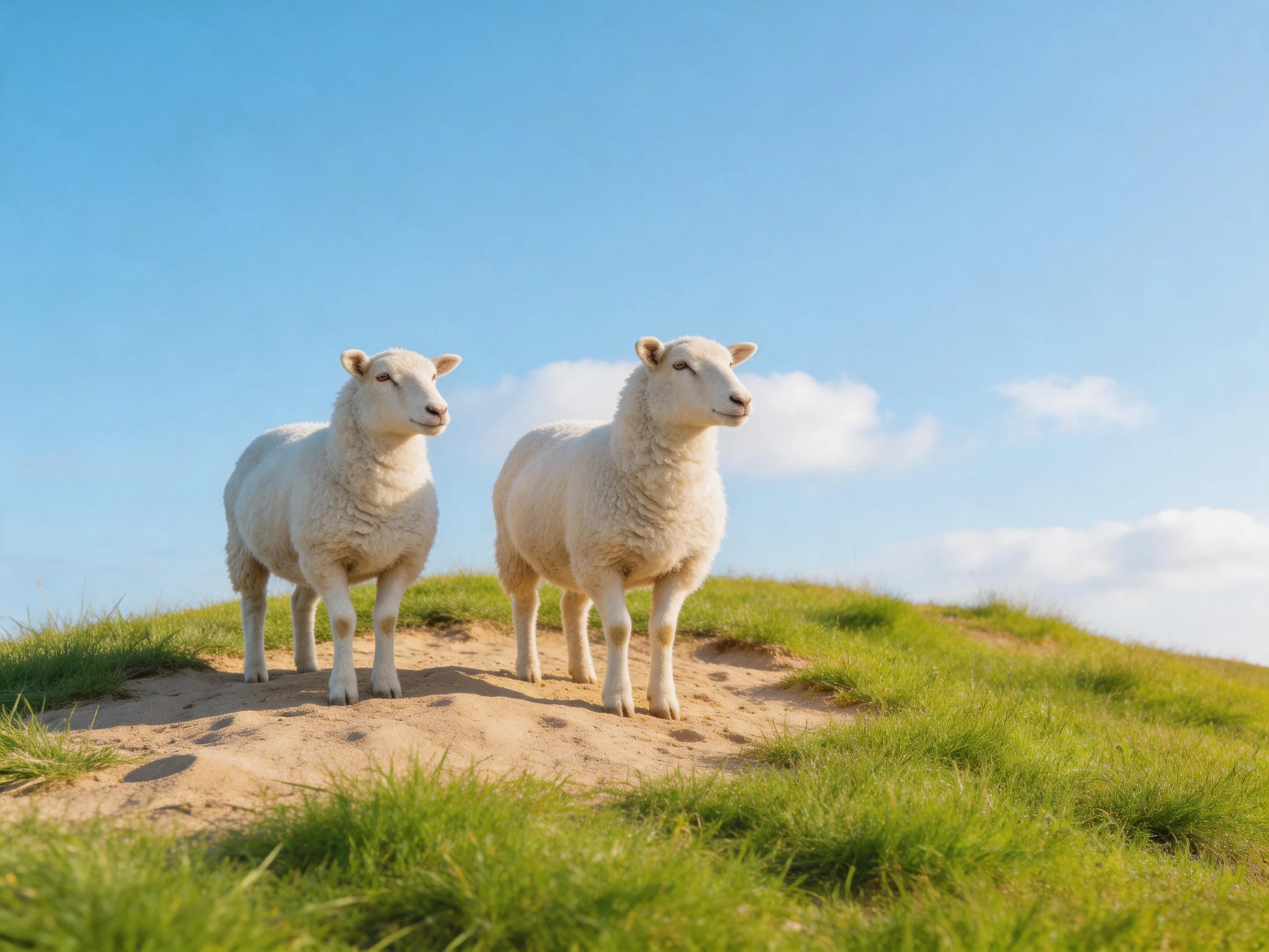 Two white sheep stand on a grassy hill under clear blue sky