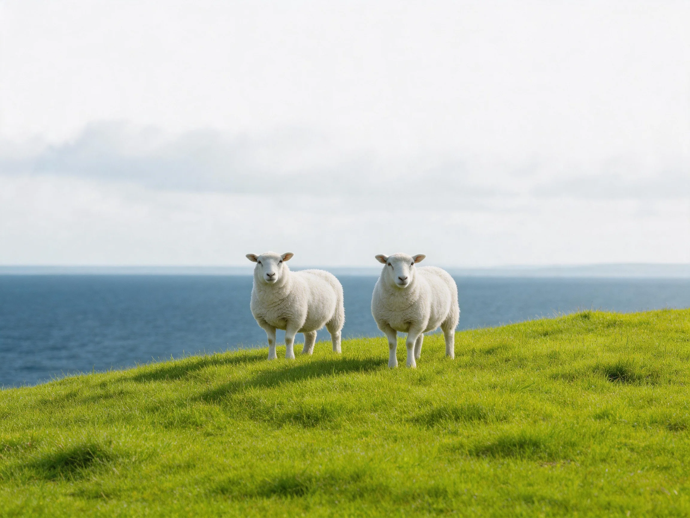 Two white sheep stand on a lush green hillside near the ocean