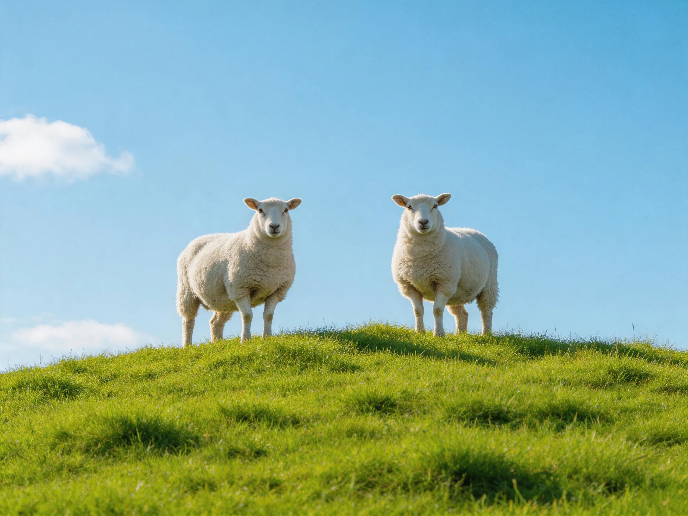 Two sheep stand on a green hill under a clear blue sky.