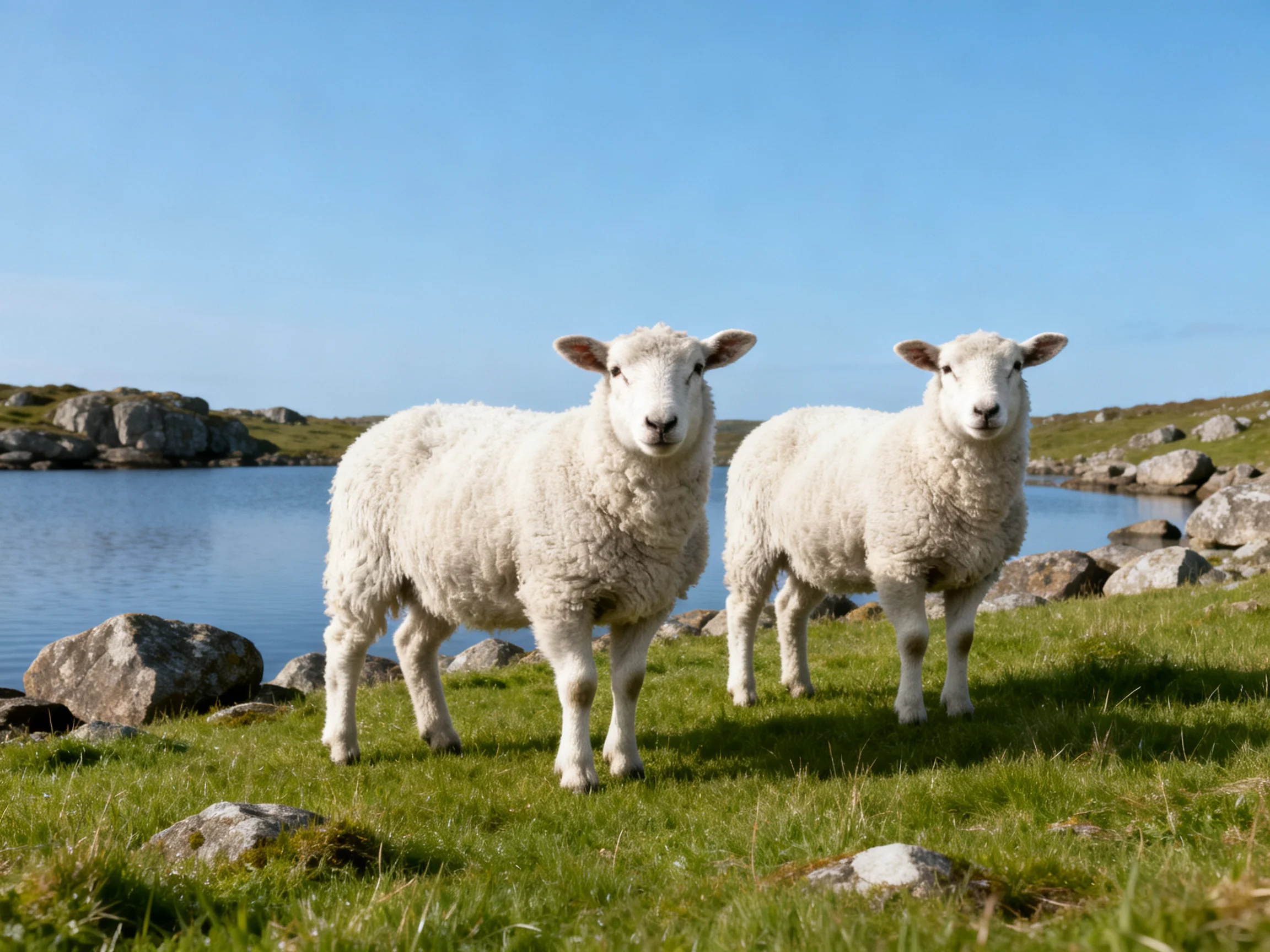 Two sheep stand on grass near a calm lake with rocks.
