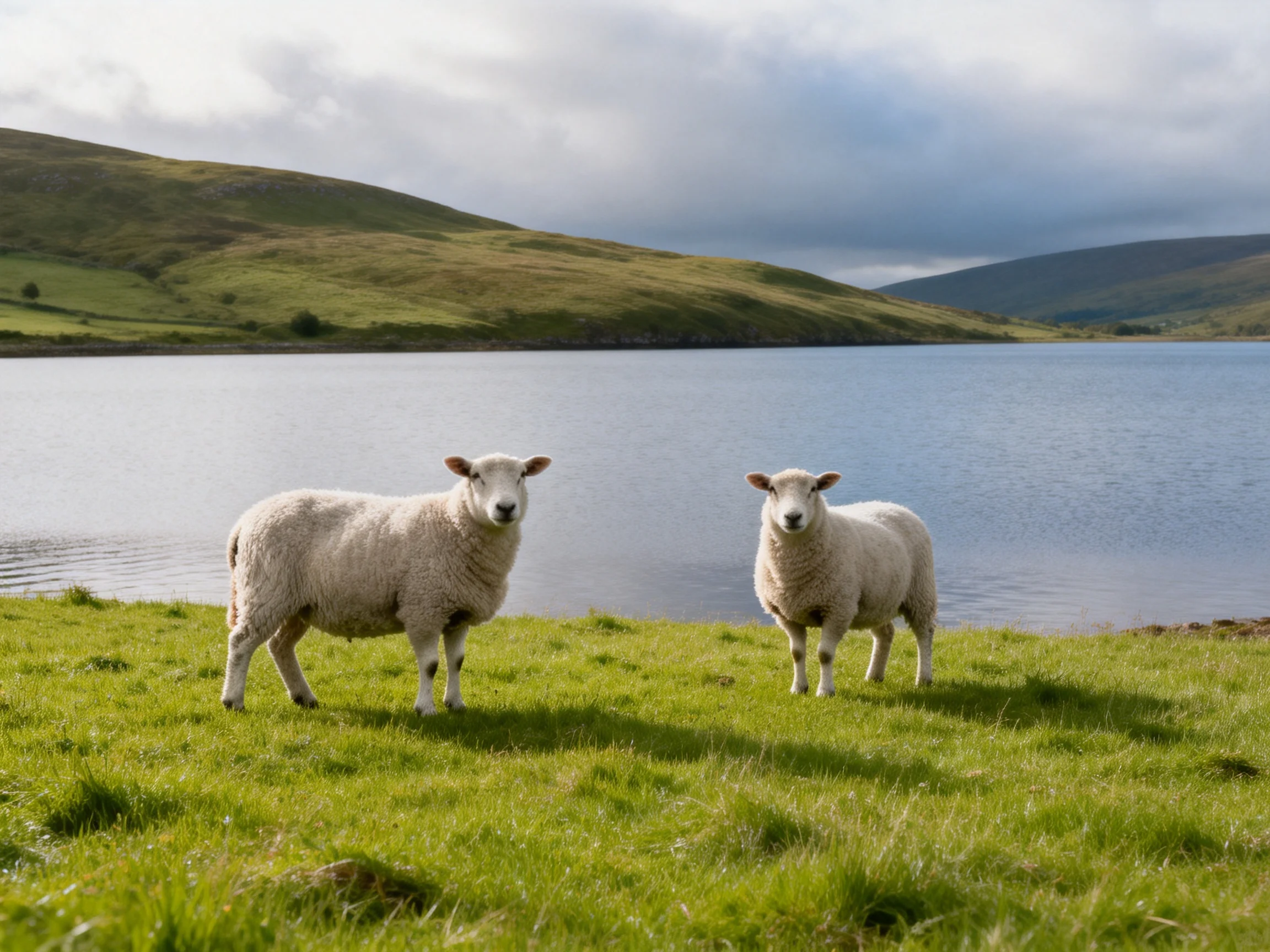 Two white sheep stand on lush green grass beside a calm blue lake
