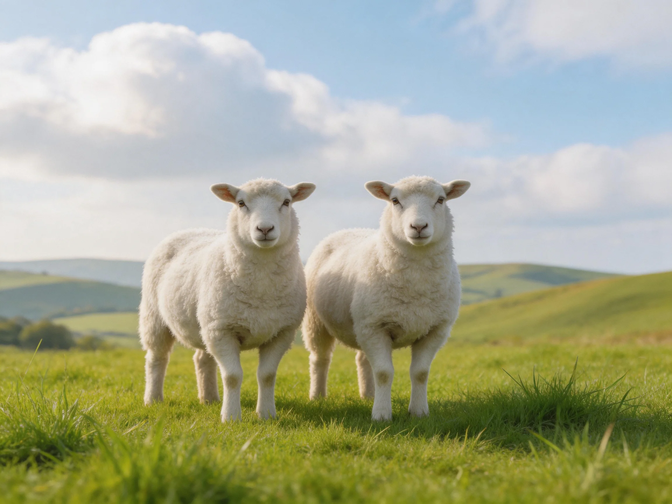 Two white sheep with thick wool in a green landscape