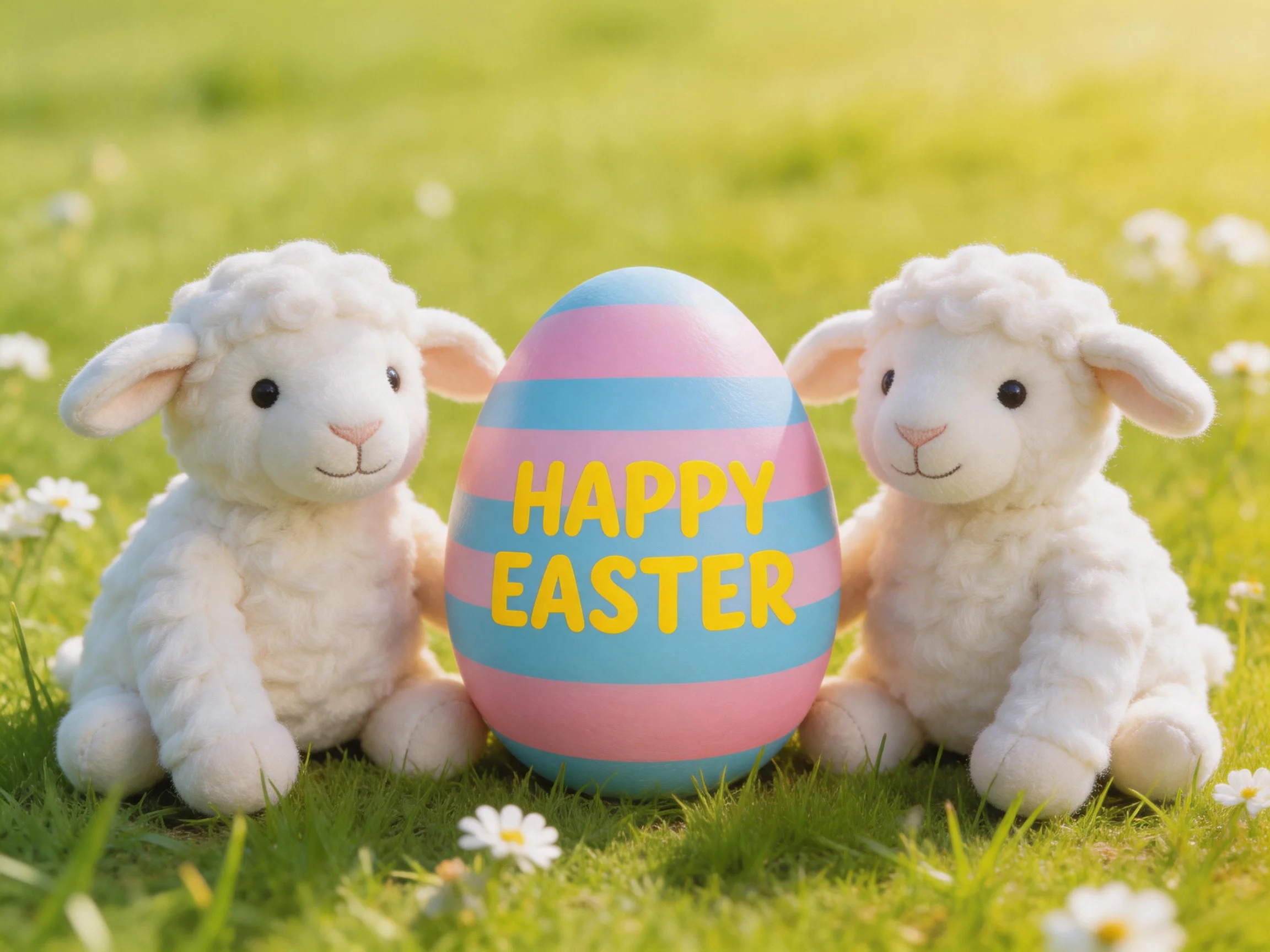 Two white stuffed lambs sit beside a colorful Easter egg on grass