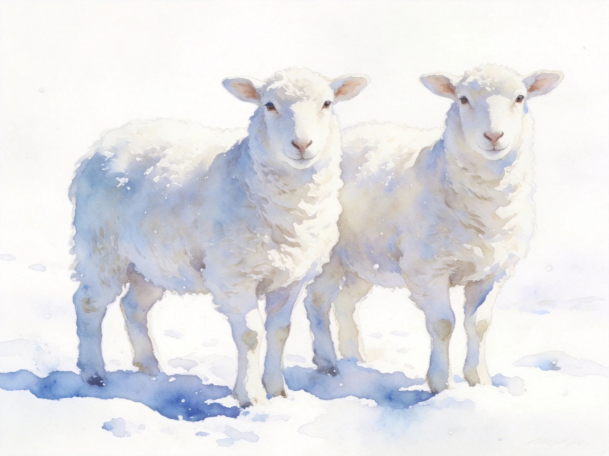 Two white woolly lambs in a snowy landscape