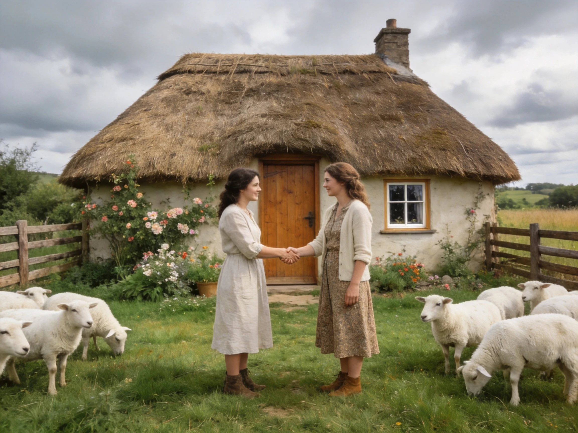 Two women shaking hands outside a thatched cottage with sheep