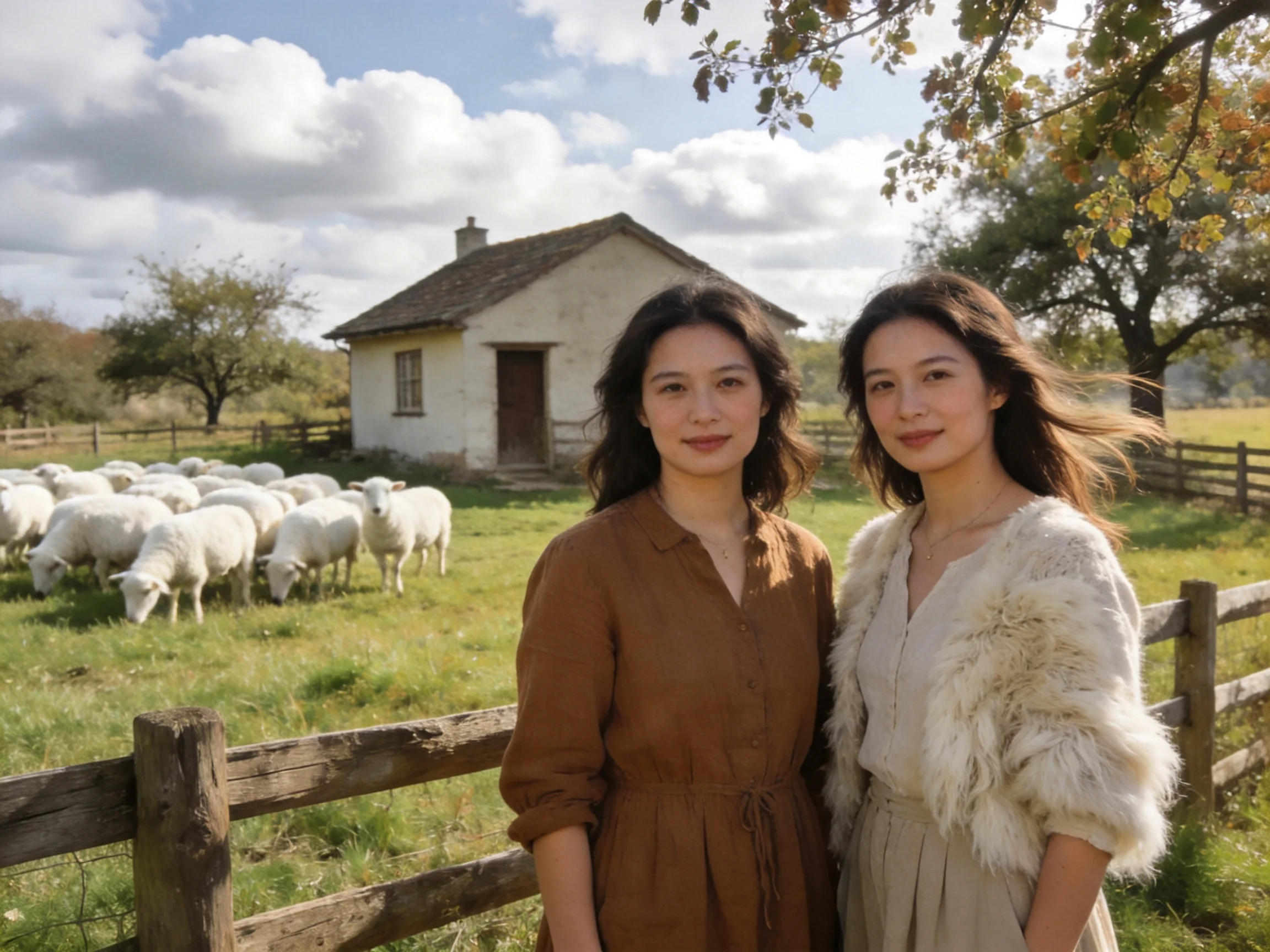 Two women stand near a wooden fence with sheep and a rustic cottage