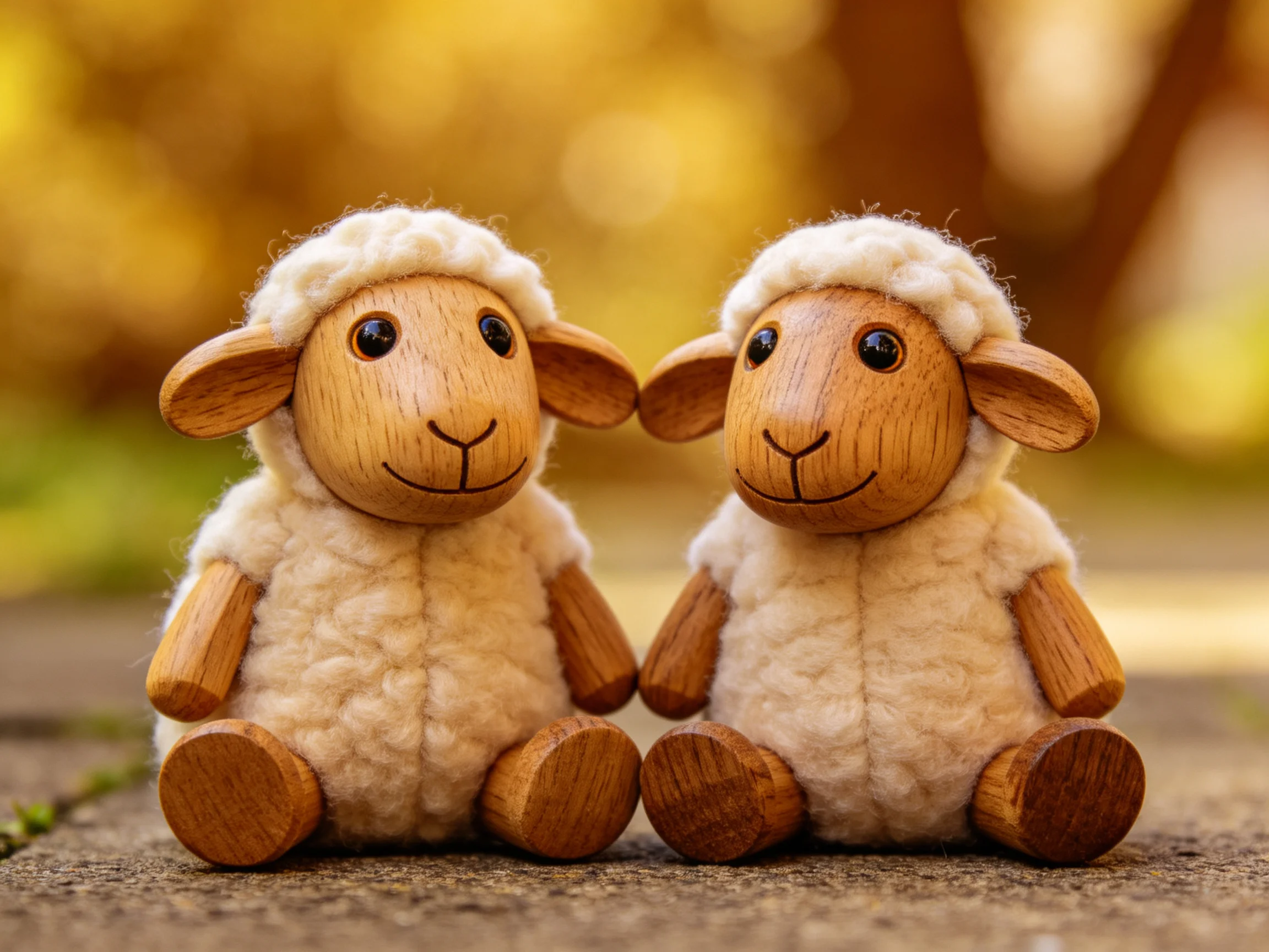 Two wooden sheep figurines with wool coats sit side by side