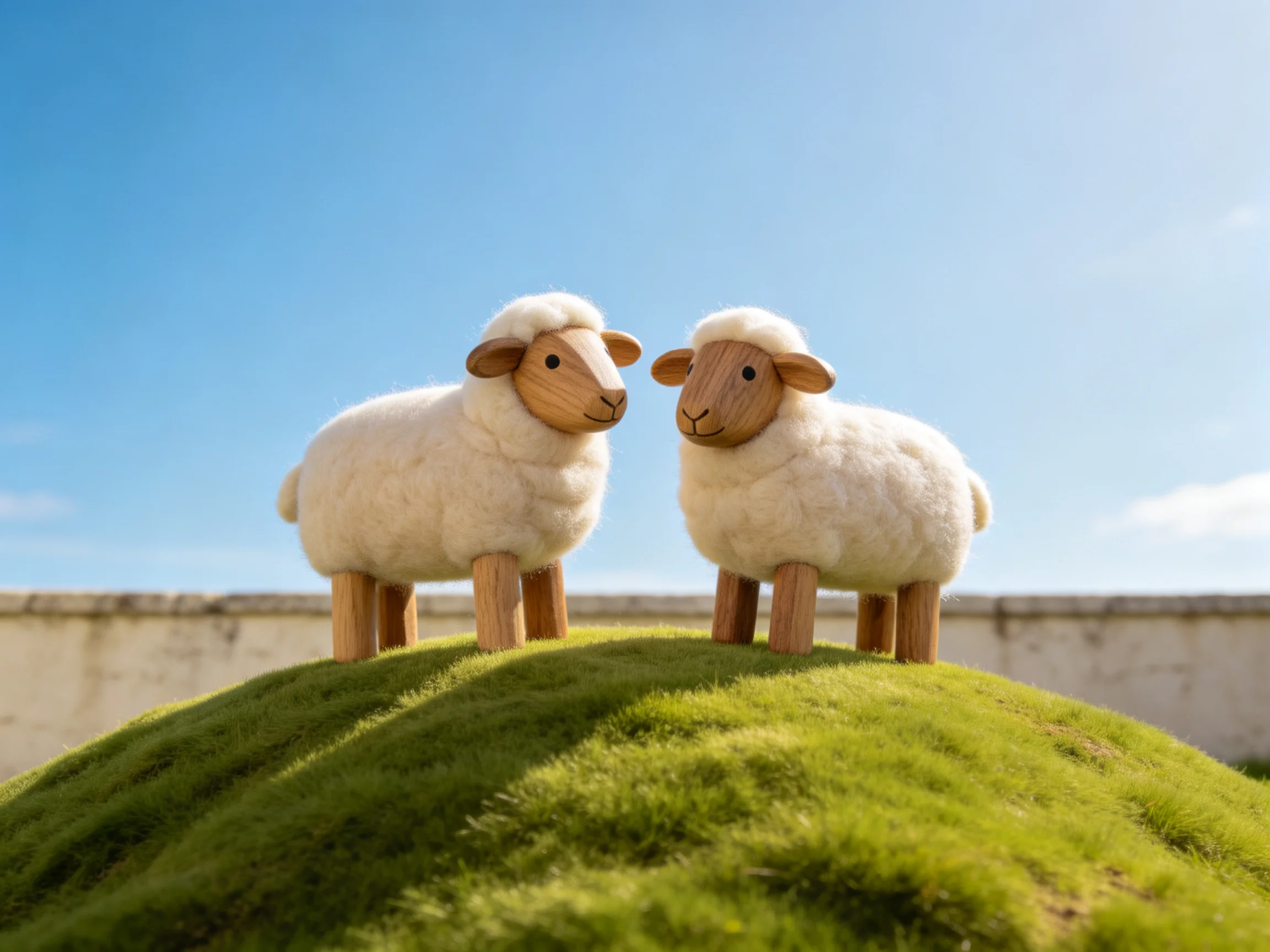Two woolen sheep figurines atop a lush green mound under bright blue sky