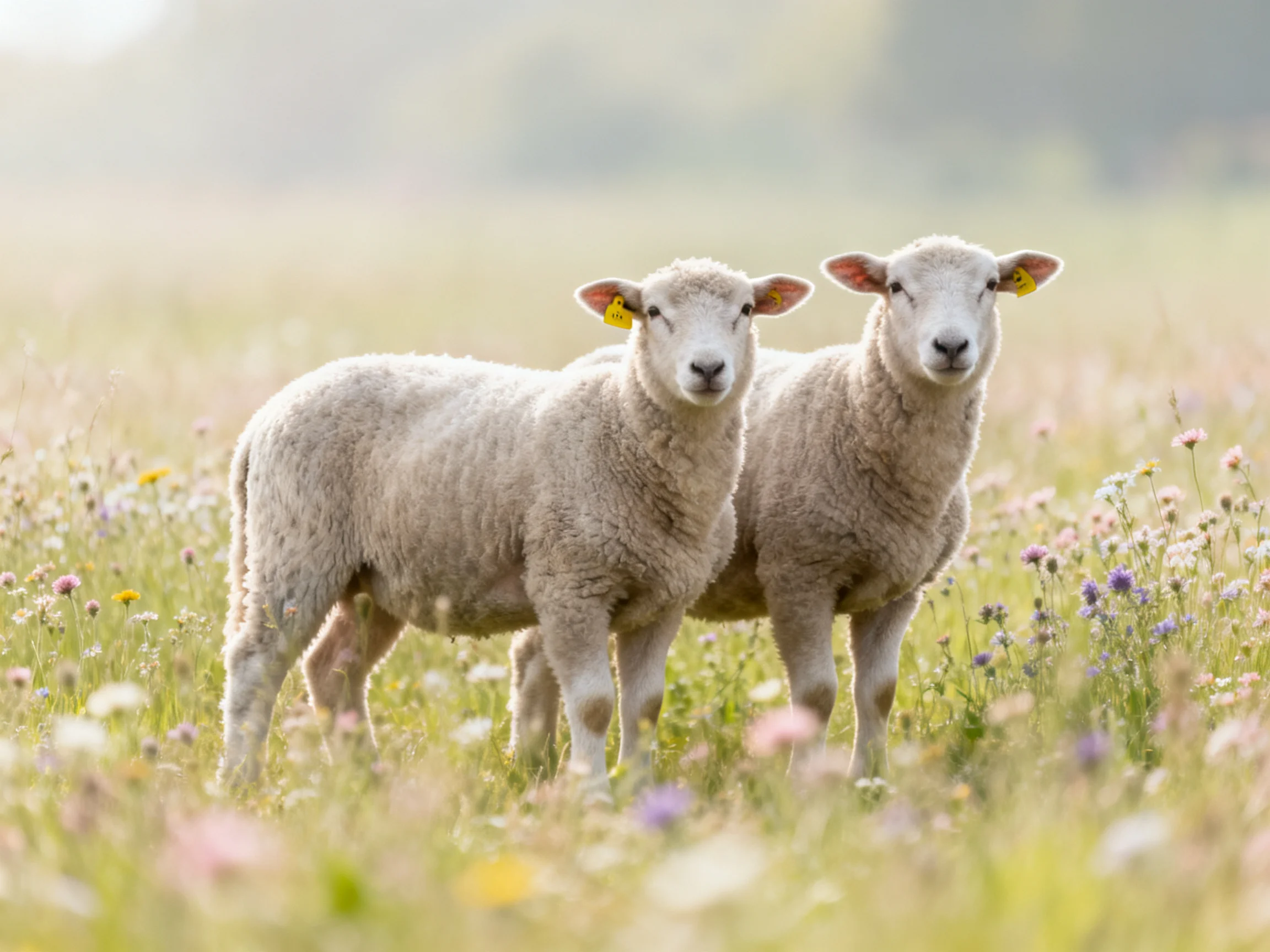 Two woolly lambs amidst a vibrant wildflower field