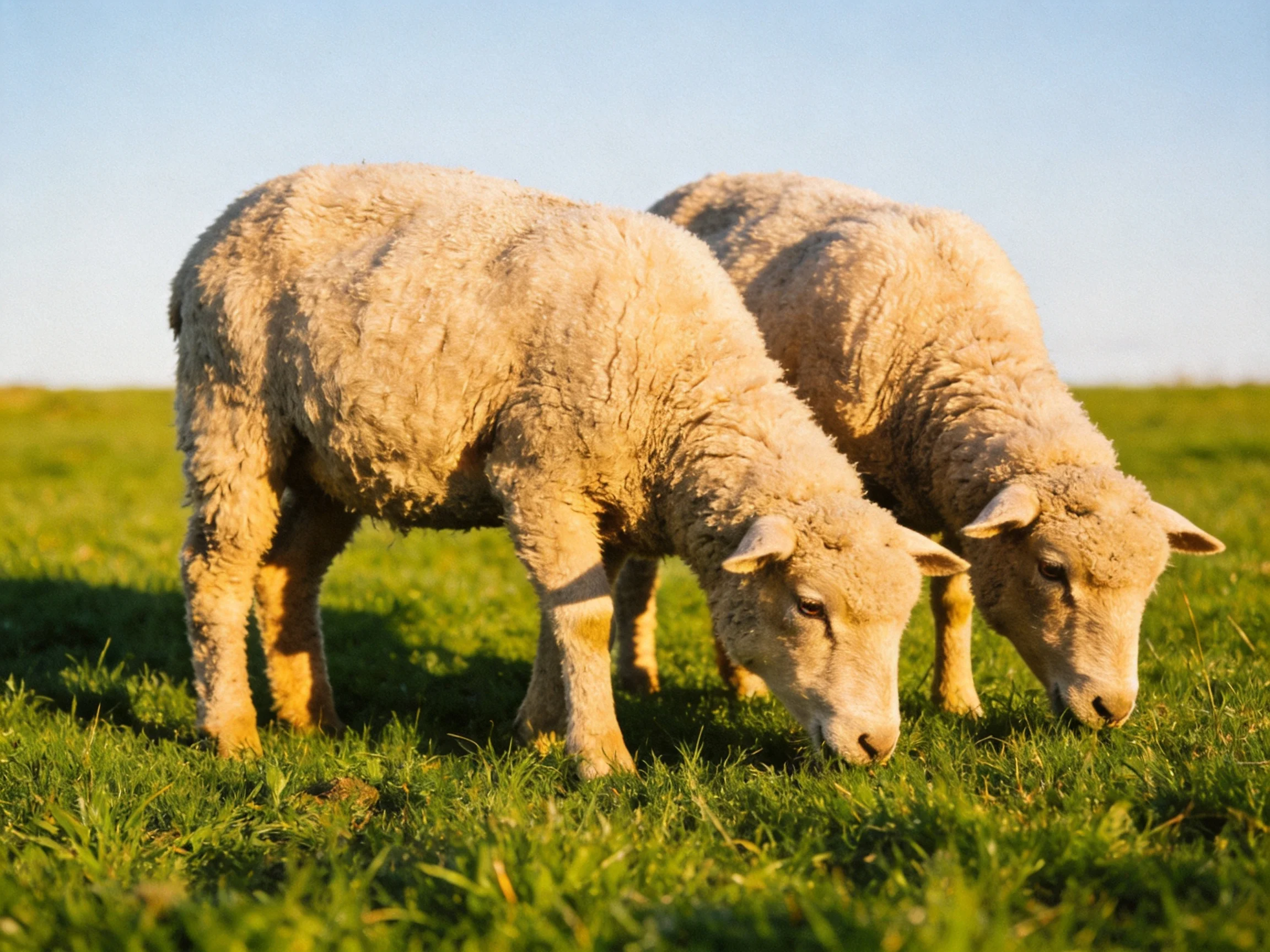 Two woolly lambs graze in a sunlit green pasture