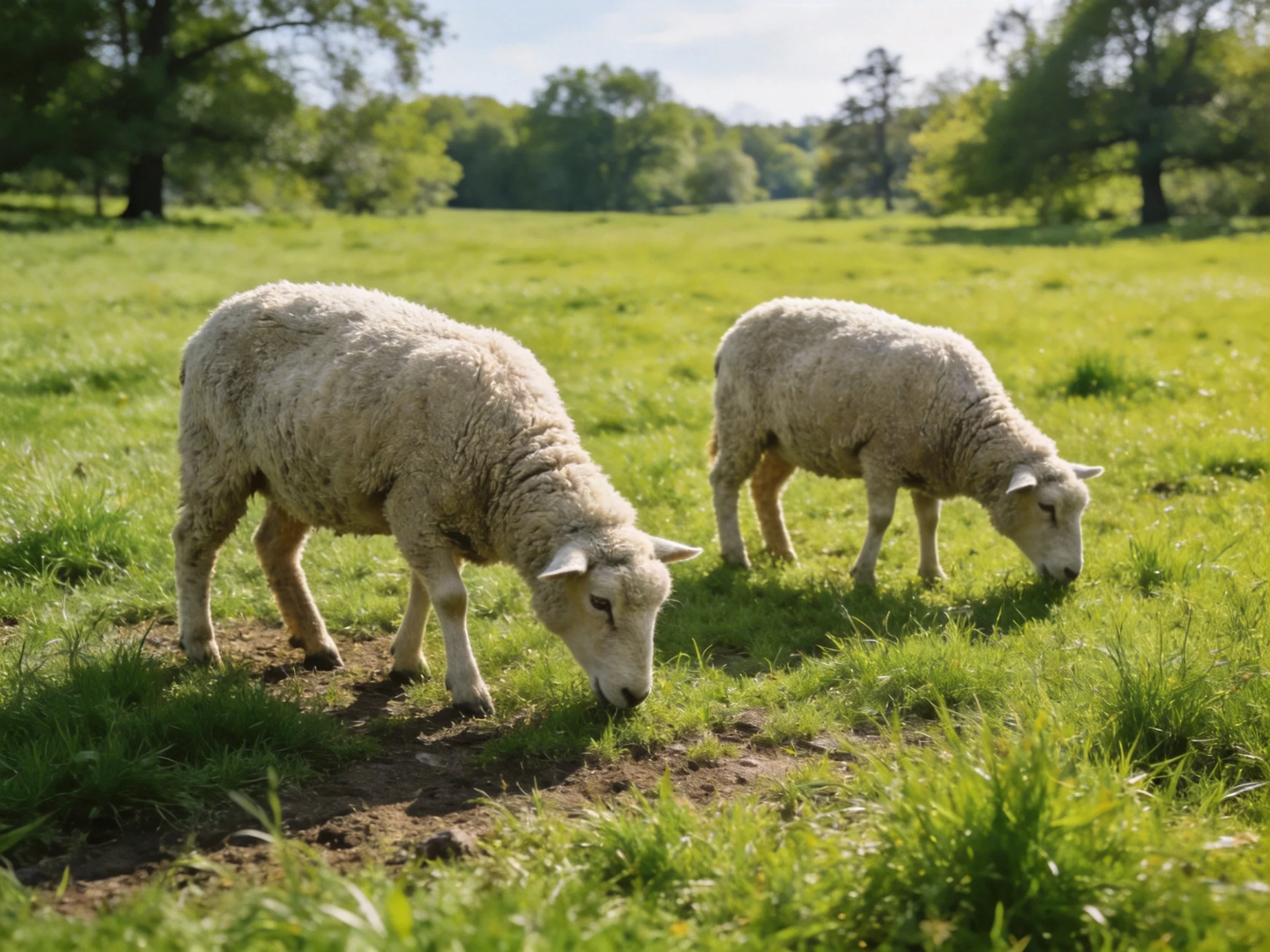 Two woolly lambs graze in a sunlit green pasture with scattered trees